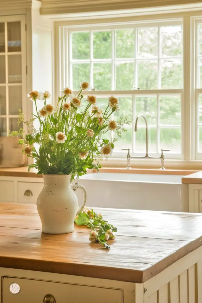A bright and airy farmhouse kitchen with cream cabinetry, a large farmhouse sink, and warm wood countertops. Sunlight pours through expansive multi-pane windows, enhancing the soft, rustic charm. A vintage-style ceramic pitcher filled with fresh wildflowers sits on a distressed wood island, adding a touch of country elegance. The combination of natural light, muted tones, and organic textures creates a serene and inviting space.