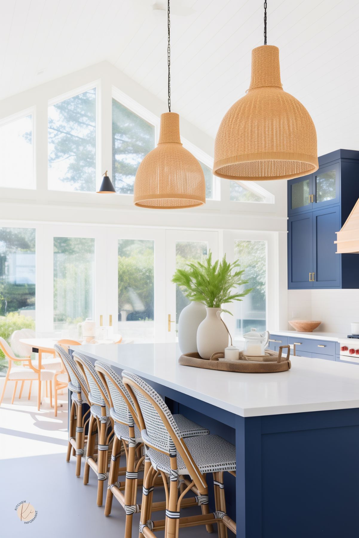 A bright and airy coastal-inspired kitchen with navy blue cabinetry, a crisp white island, and woven rattan pendant lights. Natural light floods in through large windows and glass doors, enhancing the fresh, open feel. Bistro-style barstools with rattan frames add a relaxed charm, while decorative vases and greenery bring warmth. The blend of bold blue tones, natural textures, and bright whites creates a breezy, inviting space.