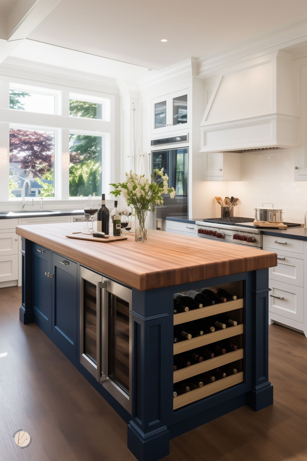 A bright and airy kitchen with navy blue and white cabinetry, featuring a large island with a butcher block countertop and built-in wine storage. Stainless steel appliances, a white range hood, and a farmhouse sink complement the space. Large windows allow natural light to flood in, highlighting the elegant contrast between the deep blue island and crisp white cabinetry.