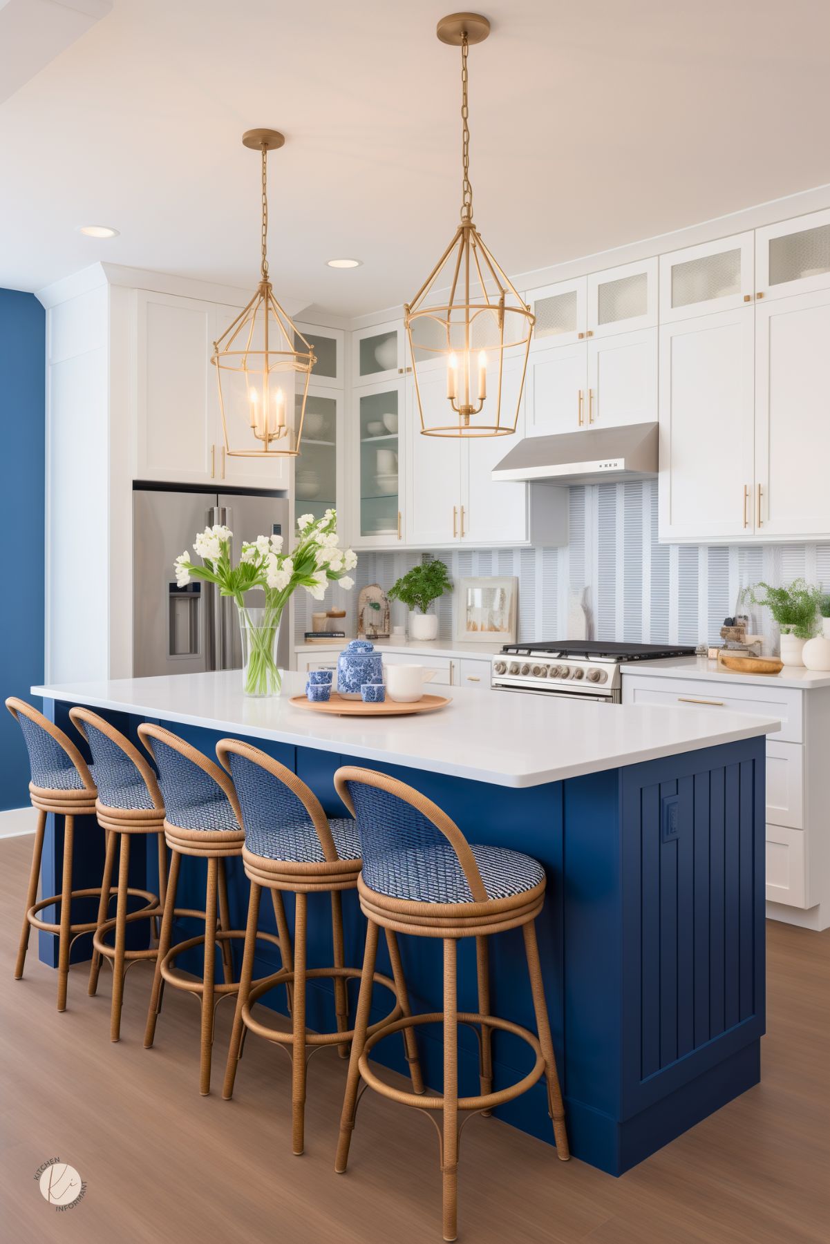 A stunning coastal-inspired kitchen with a bold navy blue island, crisp white cabinetry, and gold accents. Elegant lantern-style pendant lights hang above the spacious island, which is paired with rattan barstools featuring blue woven seats. A soft blue backsplash adds subtle texture, while fresh white flowers and blue ceramic decor enhance the airy, sophisticated feel. The combination of navy, white, and natural tones creates a bright and inviting space.