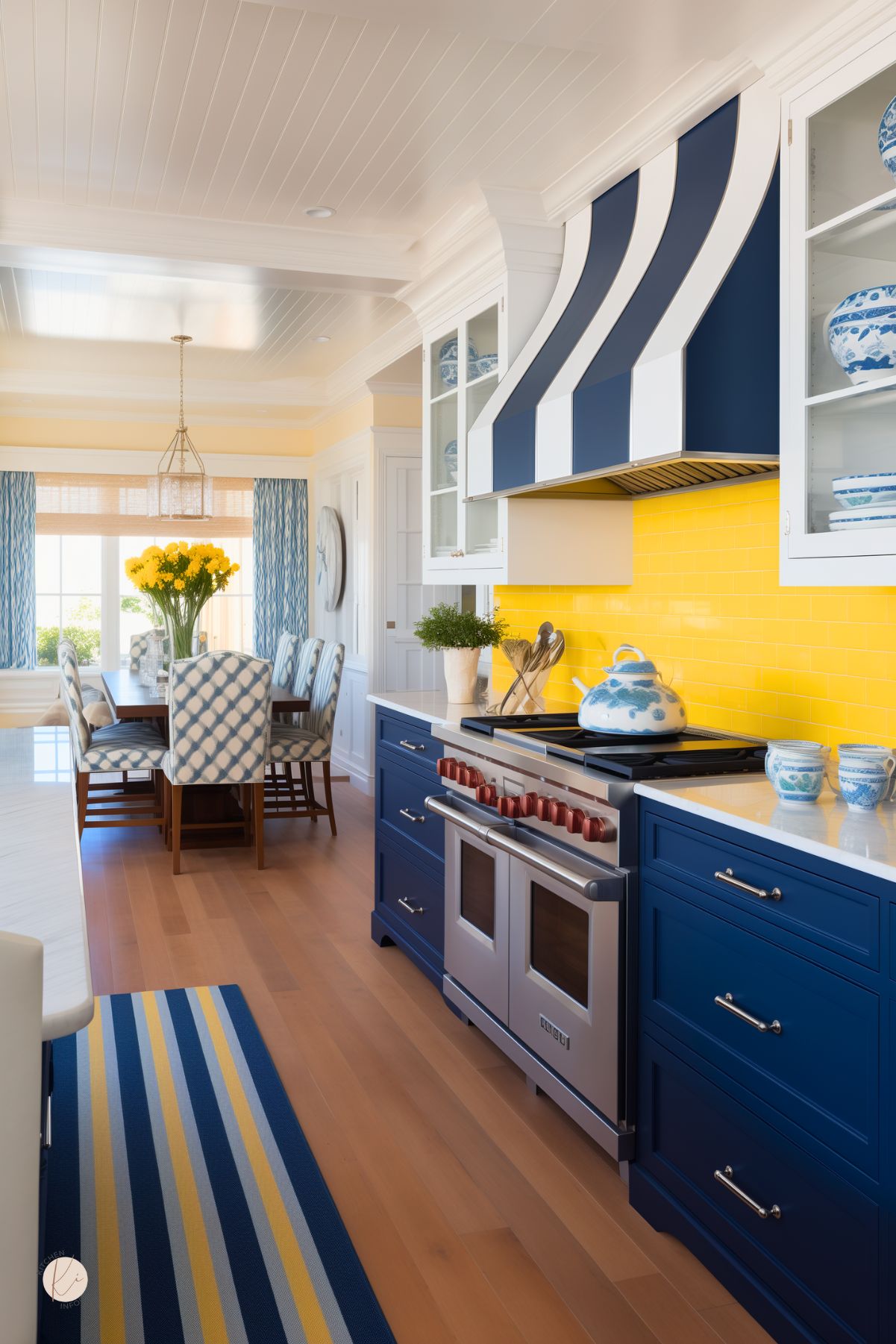 A vibrant coastal kitchen with navy blue cabinetry, a bold yellow subway tile backsplash, and a striped navy and white range hood. Stainless steel double ovens and a white quartz countertop complement the design. A striped blue and yellow runner adds warmth to the hardwood floors. In the background, a dining area with blue-patterned chairs, a large wooden table, and natural light streaming through the windows enhances the breezy, nautical aesthetic.