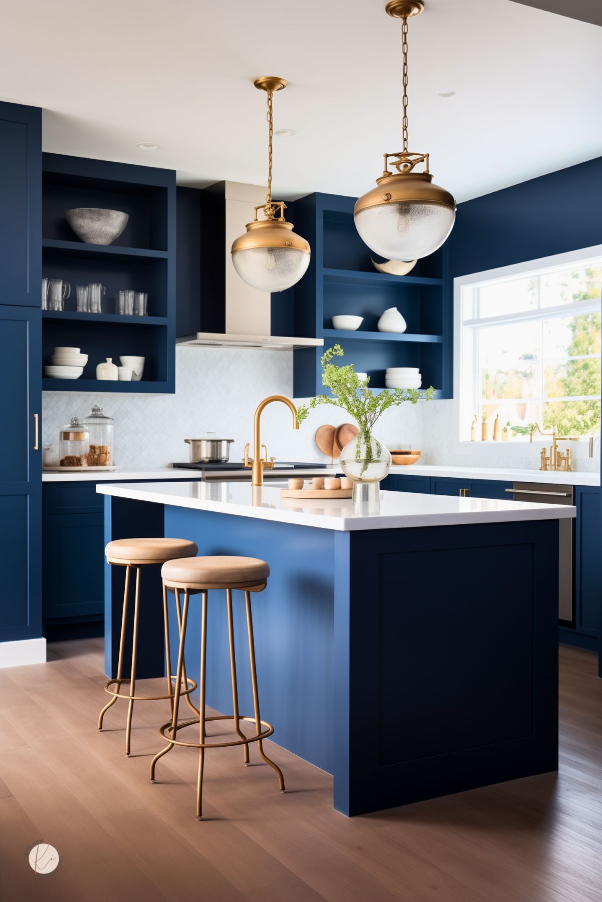 A modern navy blue kitchen with open shelving, gold accents, and a sleek white countertop. Two gold pendant lights with glass globes hang above the island, which is paired with gold-framed barstools. A large window brings in natural light, highlighting the contrast between the deep blue cabinetry and the crisp white backsplash. The gold faucet and minimalist decor add warmth to the contemporary design.