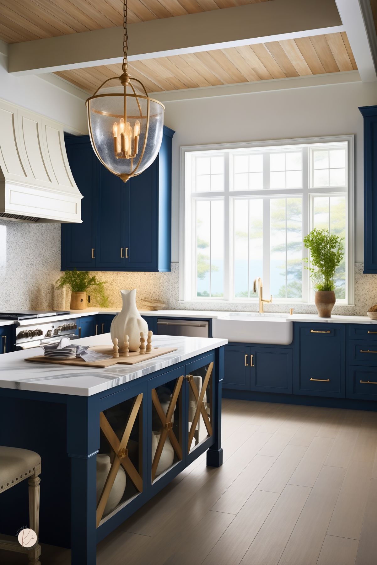 A navy blue and white kitchen with gold accents and a sophisticated coastal touch. The navy cabinetry contrasts with a white farmhouse sink and marble countertops. A large island with glass-paneled storage and gold trim serves as a focal point. The space is illuminated by a statement glass pendant light, while a natural wood ceiling adds warmth. Large windows flood the room with natural light, enhancing the elegant, airy feel.