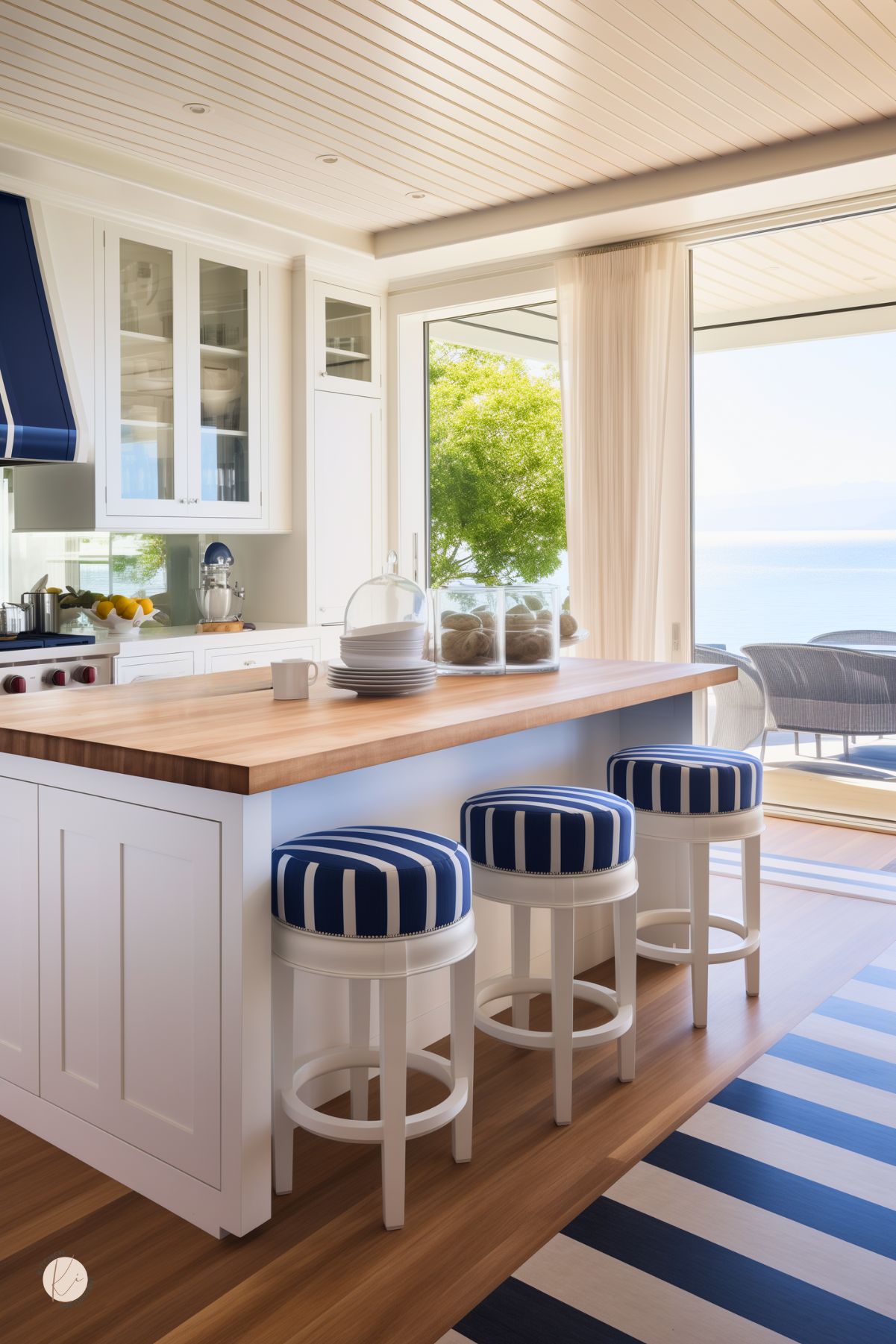 A bright coastal kitchen with white cabinetry, a butcher block countertop, and navy blue striped barstools. A large sliding glass door opens to a stunning ocean view, bringing in natural light. The space features a blue and white striped rug, glass-front cabinets, and a navy blue range hood, adding a nautical touch to the fresh, airy design.