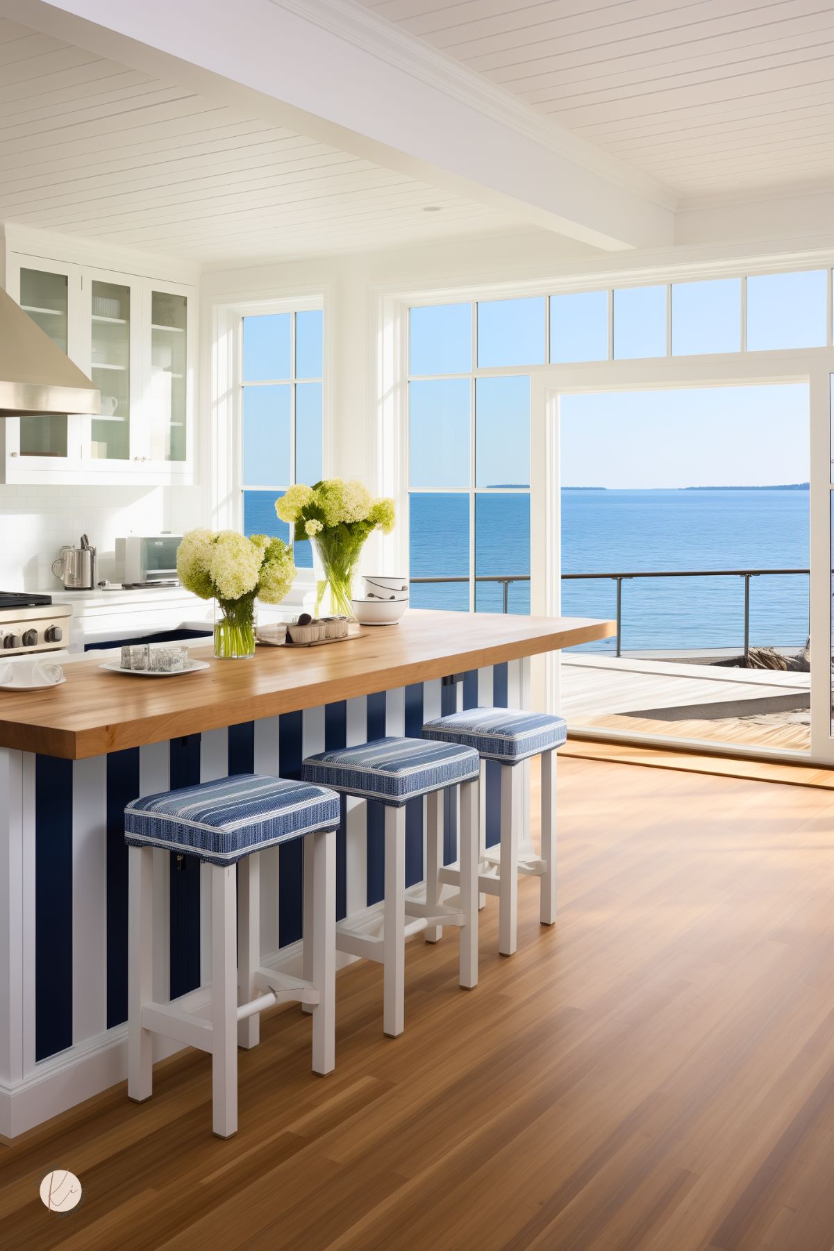 A coastal kitchen with a stunning ocean view, featuring a striped navy and white island with a butcher block countertop. Blue upholstered barstools add a nautical touch, while large windows and an open layout fill the space with natural light. White cabinetry, glass-front uppers, and stainless steel appliances create a fresh and airy feel. Hydrangea bouquets bring in soft, natural accents.