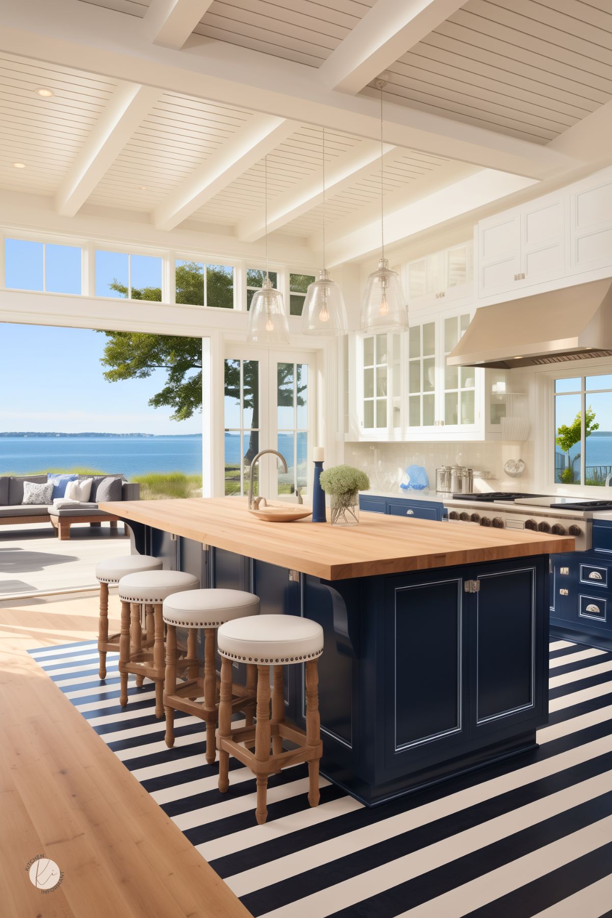 A stunning coastal kitchen with navy blue cabinetry, a large butcher block island, and glass pendant lighting. White barstools with wooden legs sit atop a striped navy and white rug, enhancing the nautical aesthetic. The open-concept space features floor-to-ceiling windows and sliding doors that lead to an outdoor patio with ocean views. White shaker cabinets, glass uppers, and stainless steel appliances complete the bright, airy design.