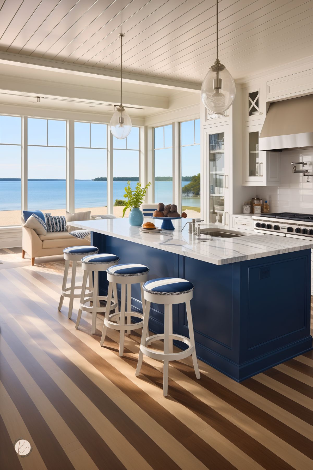 A bright coastal kitchen with a navy blue island, white marble countertops, and striped wood flooring. White and blue cushioned barstools line the island, while large windows showcase an oceanfront view. Glass pendant lights add elegance, and a cozy seating area with blue and white pillows enhances the relaxed, beachside atmosphere.