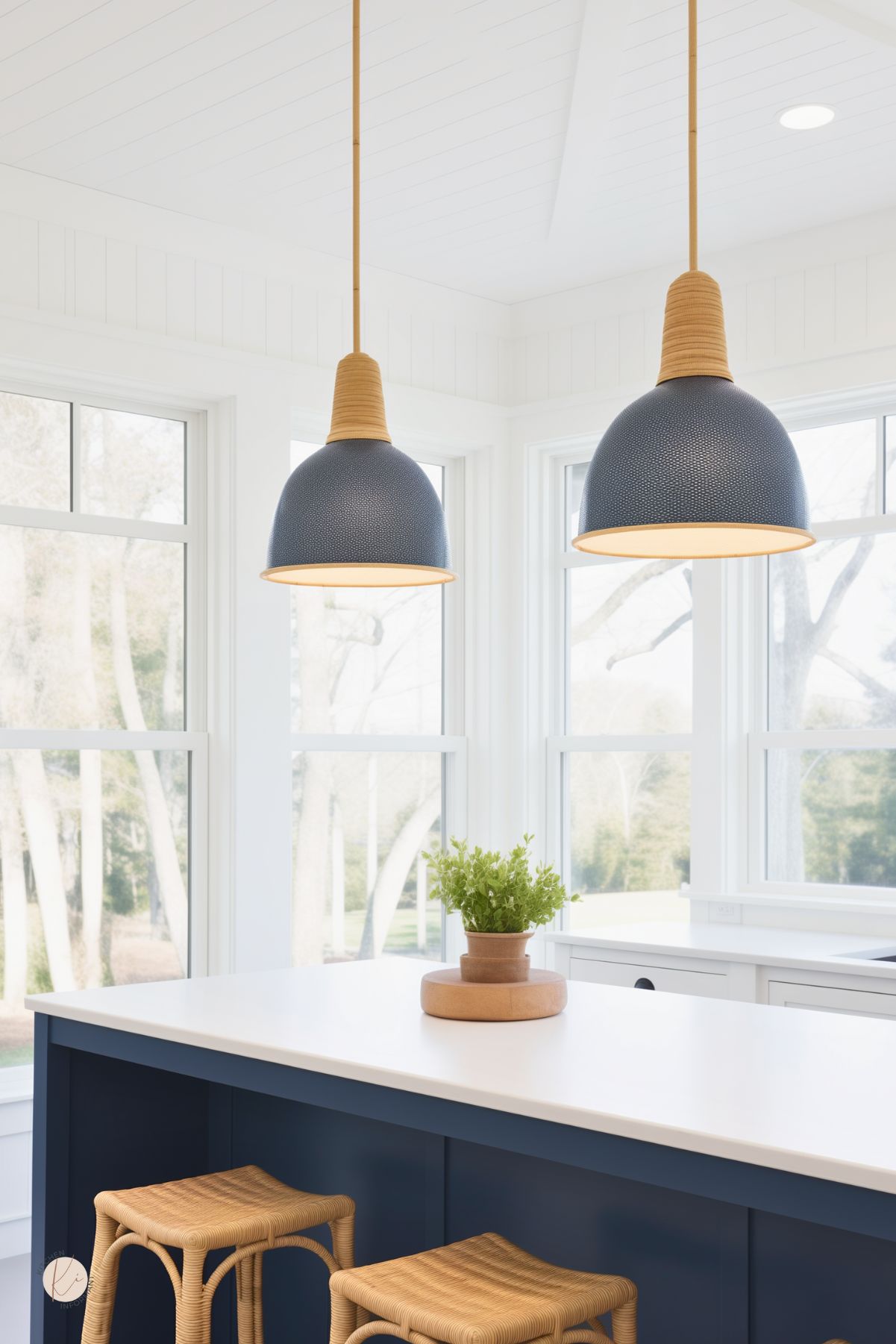 A bright coastal kitchen with a navy blue island, white quartz countertop, and natural woven barstools. Large windows flood the space with natural light, highlighting the minimalist decor. Two navy and rattan pendant lights add warmth and texture, while a simple terracotta planter with greenery brings in a fresh touch. The clean, modern design balances relaxed coastal vibes with elegant functionality.