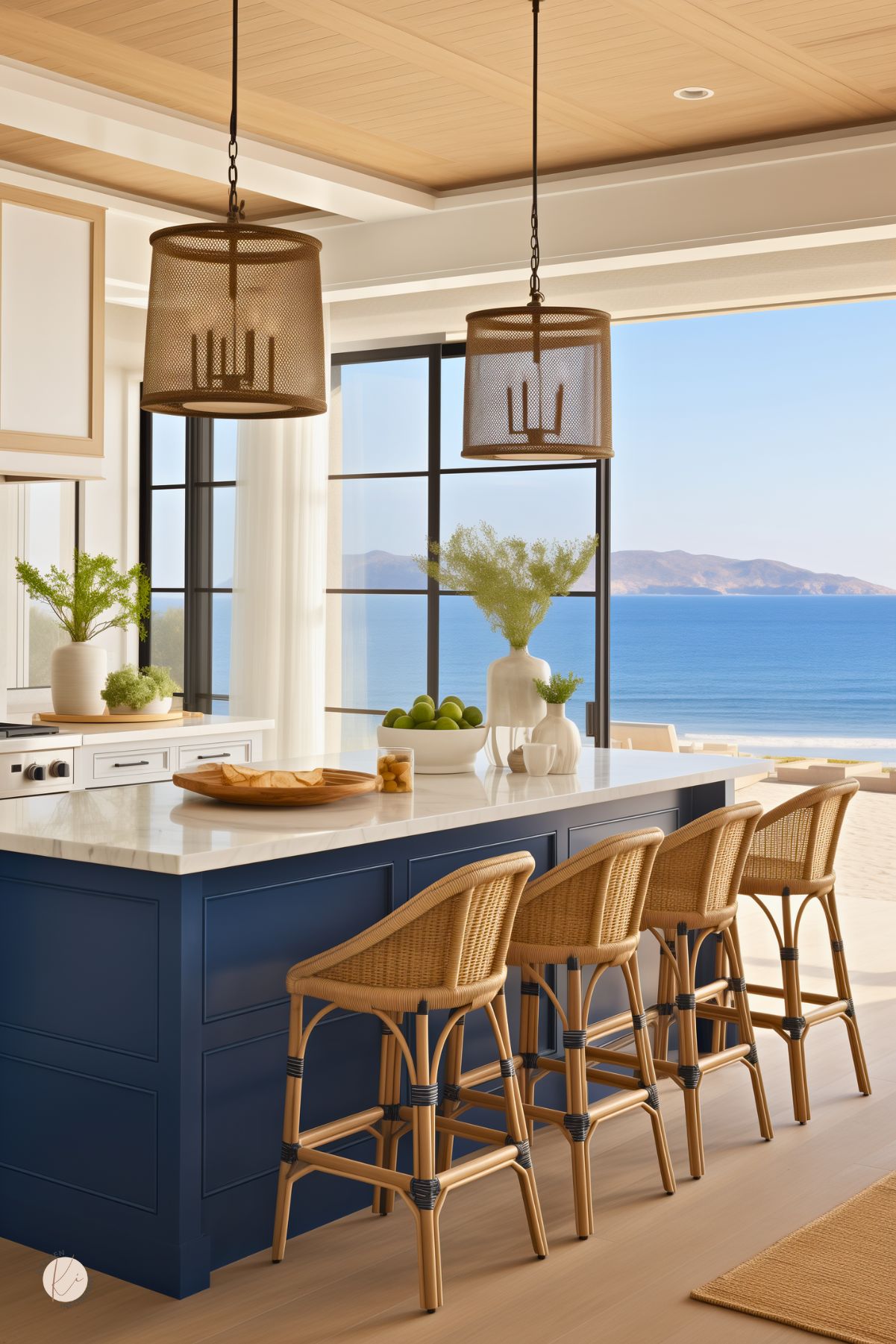 A coastal-inspired kitchen with a navy blue island, white marble countertops, and woven rattan barstools. Large black-framed windows offer a breathtaking ocean view, bringing in natural light. The space features warm wood tones on the ceiling and pendant lighting with a mesh metal design. A mix of white and natural wood cabinetry adds to the airy, modern beach aesthetic.