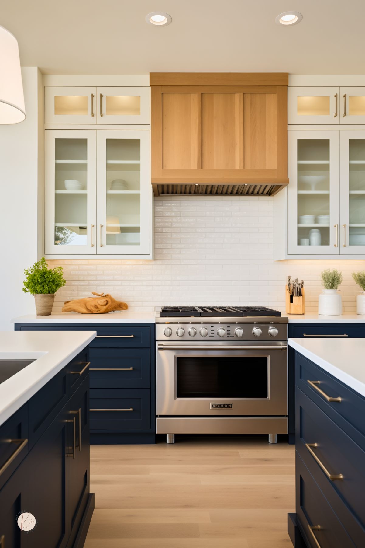 A stylish navy blue and white kitchen with a warm wood range hood. The cabinetry combines deep navy lower cabinets with brass hardware and white upper cabinets featuring glass doors. A stainless steel gas range is set against a white subway tile backsplash, while soft lighting highlights the minimalist decor, including potted greenery and wooden accents on the countertops.