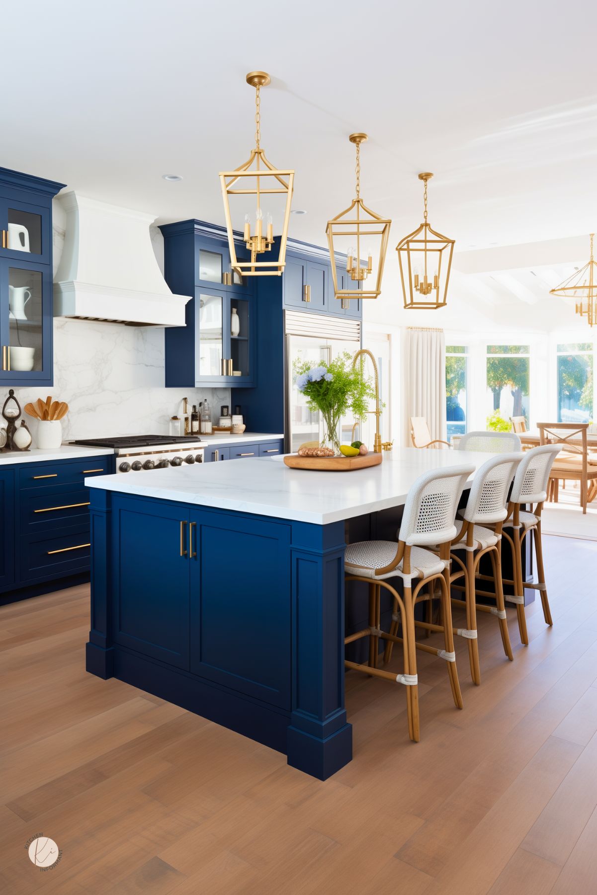 A stunning coastal-inspired kitchen featuring deep navy blue cabinetry, a crisp white island, and gold accents. Elegant lantern-style pendant lights hang above the spacious island, which is paired with rattan barstools for a relaxed yet sophisticated feel. A white marble backsplash and a custom range hood add a luxurious touch, while natural light streams in through large windows, creating a bright and airy atmosphere.