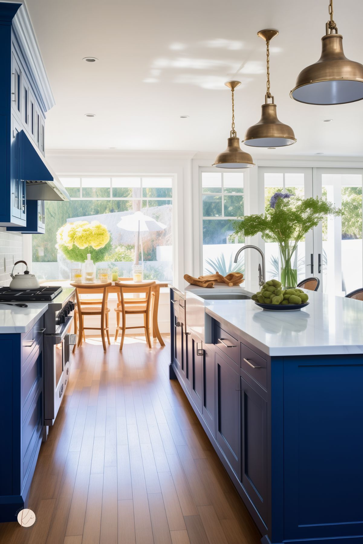 A bright coastal kitchen with deep navy blue cabinetry, white quartz countertops, and brass pendant lighting. Natural light streams through large glass doors, illuminating the space. A wooden dining table with matching chairs sits near the window, with a vase of yellow flowers adding warmth. A large kitchen island with a farmhouse sink features fresh greenery and a bowl of green apples, enhancing the inviting, airy atmosphere.