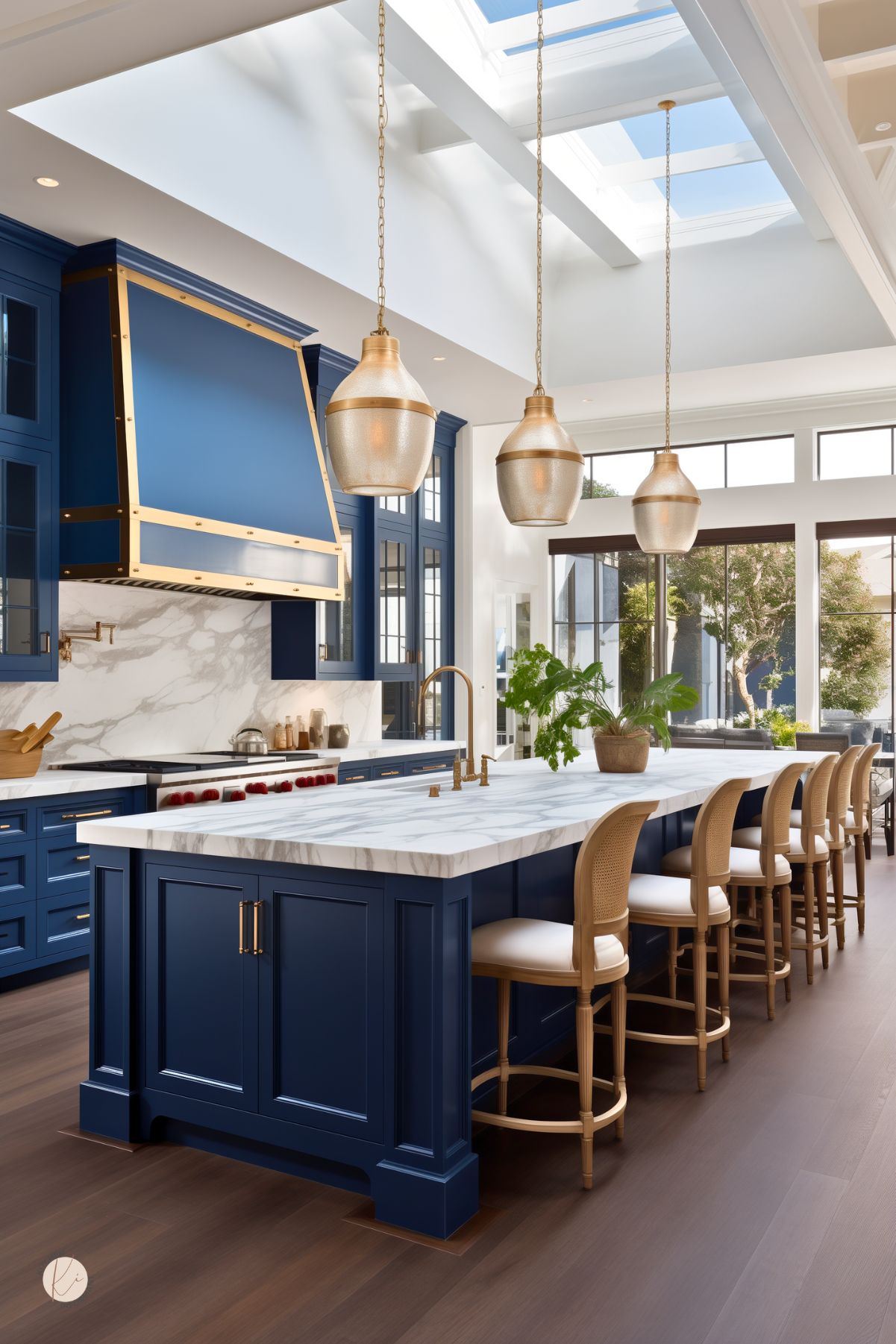 A luxurious kitchen with deep navy blue cabinetry, gold hardware, and a grand marble island. A striking blue and gold range hood complements the elegant design, while pendant lights with a metallic finish hang over the spacious island. Large windows and skylights flood the space with natural light, highlighting the warm wood flooring and inviting cane-backed bar stools.