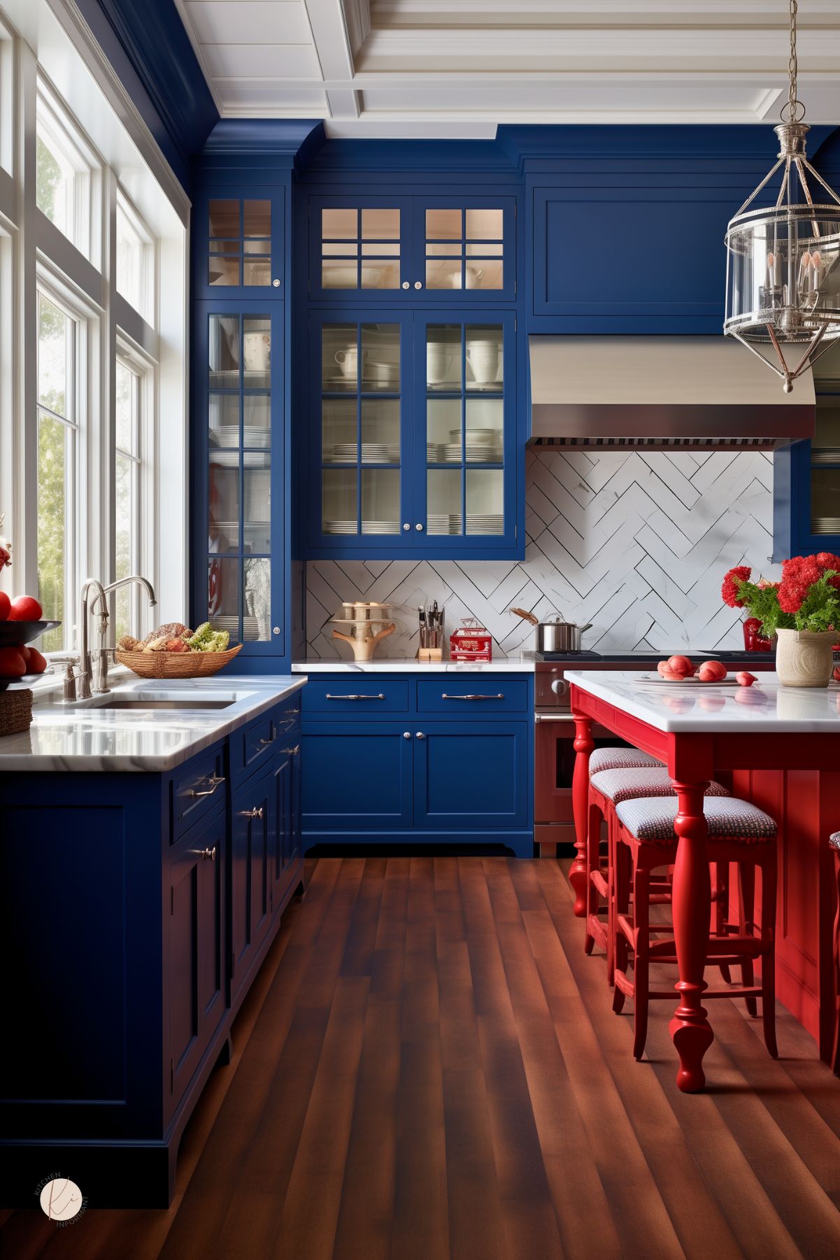 A bold kitchen with deep navy blue cabinetry, glass-paneled doors, and silver hardware. A white herringbone backsplash adds contrast, while a striking red island with matching barstools makes a statement. The warm wood flooring enhances the rich color palette, and a large glass lantern pendant light hangs above. A basket of fresh produce and red flowers bring in natural elements.