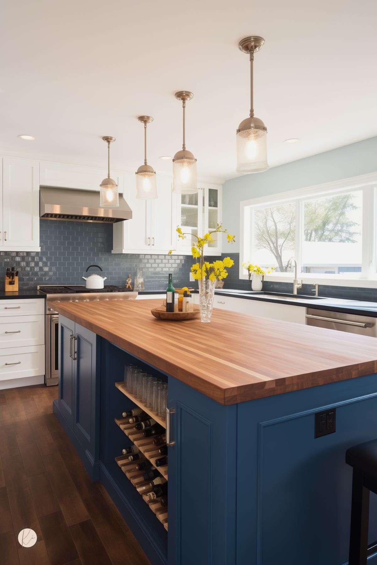 A stylish coastal kitchen with a navy blue island, warm butcher block countertop, and built-in wine storage. White cabinetry and a deep blue subway tile backsplash create a fresh contrast, while glass pendant lights add an elegant touch. Large windows bring in natural light, enhancing the airy and inviting feel. Yellow flowers in crystal vases add a cheerful pop of color, completing the bright and sophisticated design.