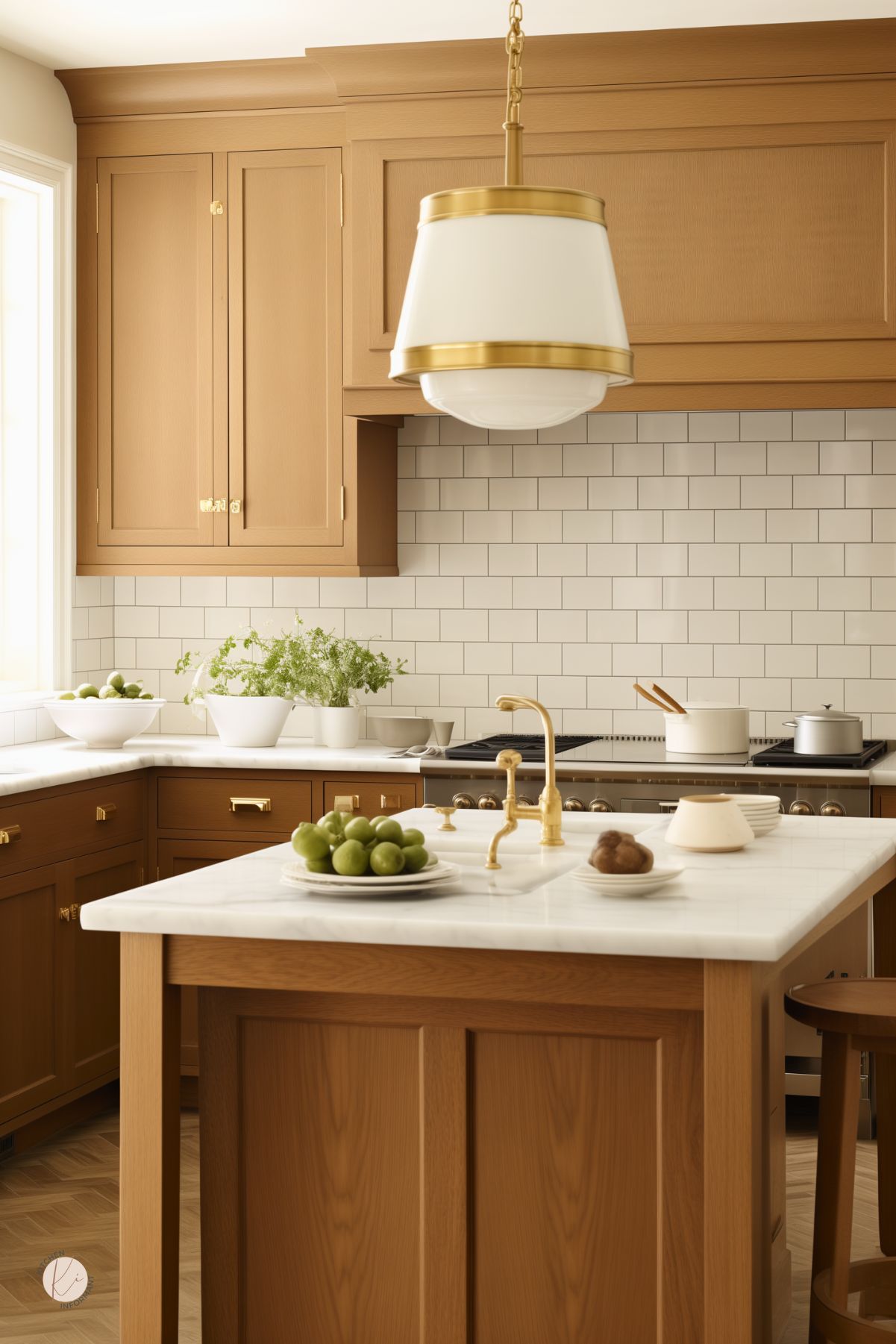 Warm oak kitchen with flat-panel cabinets and brass hardware, paired with white marble countertops and a white subway tile backsplash. A large white and brass pendant light hangs above the island, which features a brass bridge faucet and barstool seating. Green apples, mushrooms, and herbs add fresh accents.