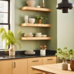 Cozy kitchen with soft sage green walls, white oak cabinets, and matte black countertops. Floating wood shelves display neutral dishes and potted plants, adding a natural, earthy feel. A mix of ceramic vases, black hardware, and a bold modern pendant light complete the Scandinavian-inspired design.