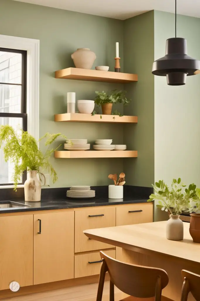 Cozy kitchen with soft sage green walls, white oak cabinets, and matte black countertops. Floating wood shelves display neutral dishes and potted plants, adding a natural, earthy feel. A mix of ceramic vases, black hardware, and a bold modern pendant light complete the Scandinavian-inspired design.