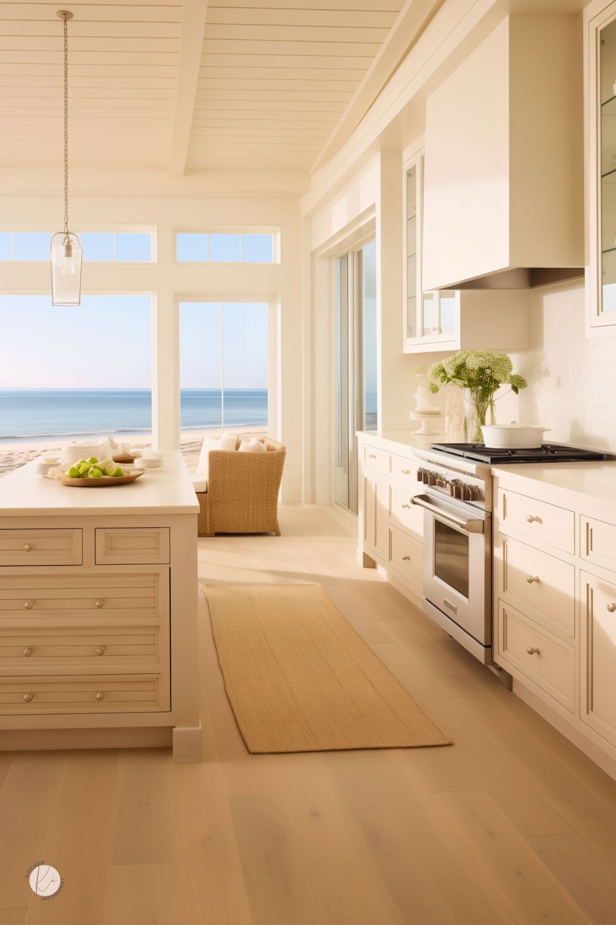 Elegant beachside kitchen with creamy cabinetry, light wood floors, and a large island topped with fresh green pears. Floor-to-ceiling windows showcase a stunning ocean view, while soft natural light and coastal textures like wicker and glass add warmth and relaxation to the airy, neutral-toned space.
