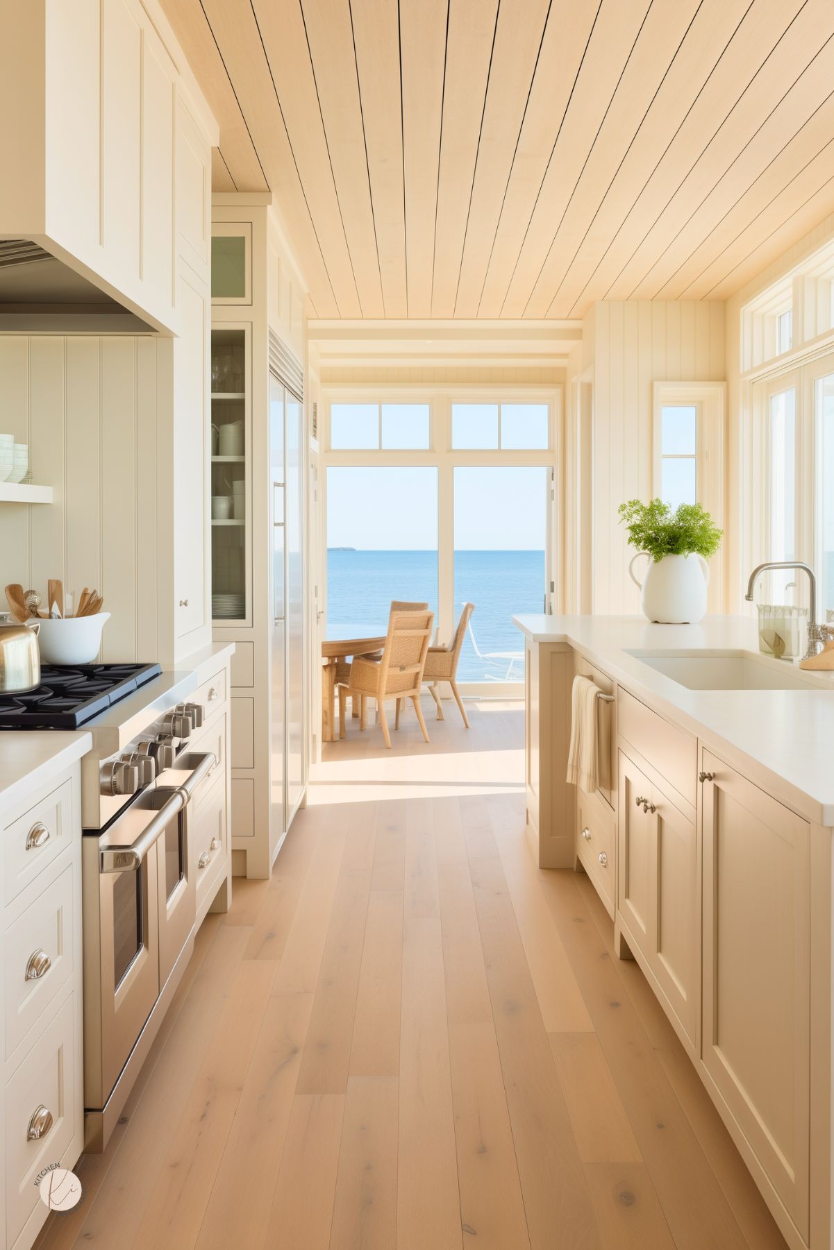 Serene coastal kitchen with creamy cabinetry, light wood floors and ceiling, and a stunning ocean view through expansive windows. A simple white countertop and minimal decor create a clean, airy feel, while natural textures and warm sunlight give the space a relaxed, beach house ambiance.