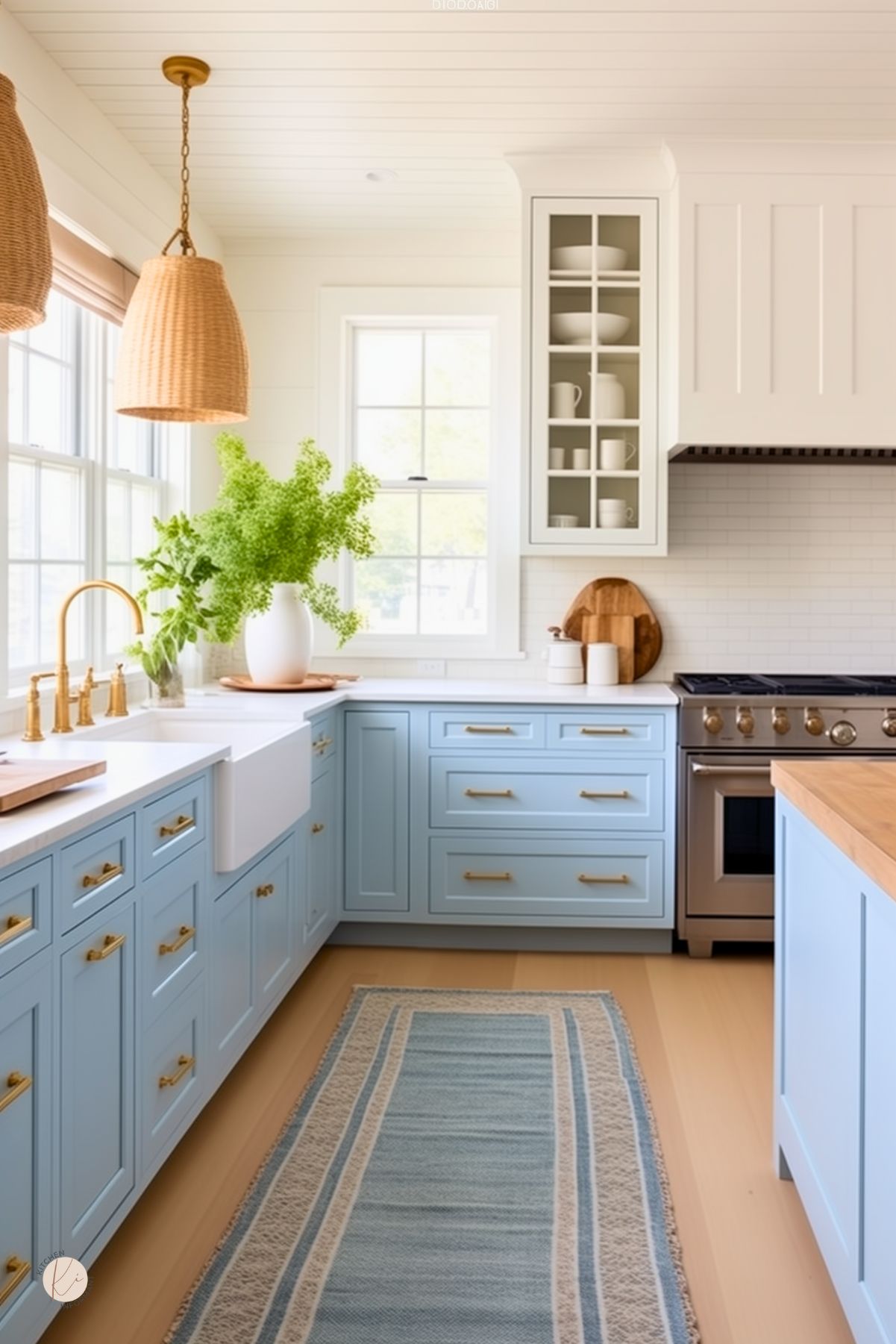 Charming beach cottage kitchen with soft blue cabinets, brass hardware, and a farmhouse sink. Natural light fills the space, highlighting woven pendant lights, white upper cabinets, and a pale wood floor. A blue-striped runner and fresh greenery add to the cozy, coastal vibe.