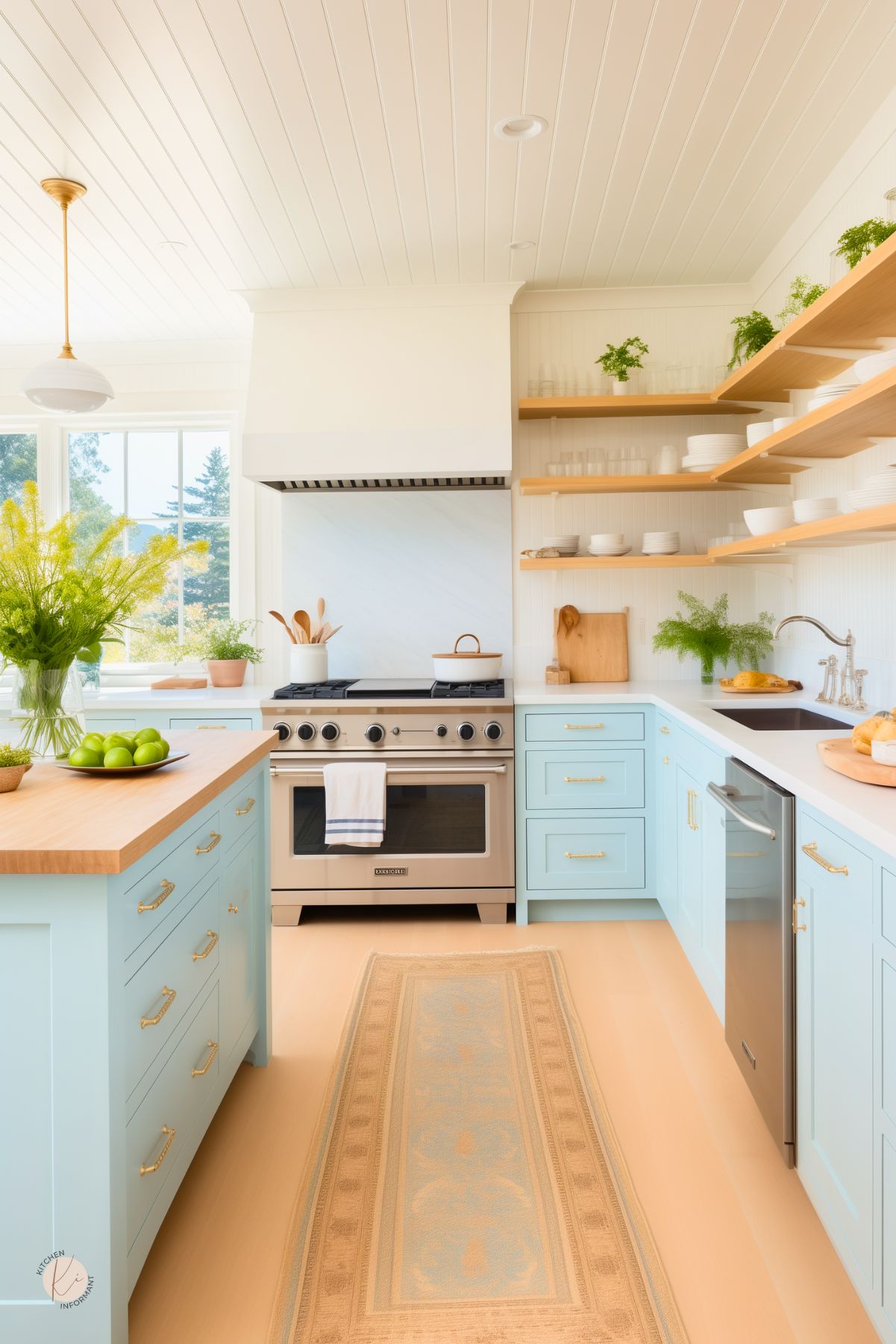 Cheerful coastal kitchen with light blue cabinets, butcher block countertops, and brass hardware. Open wood shelving displays white dishware, while a soft runner rug and greenery add warmth. Natural light streams in through large windows, creating a bright, breezy seaside-inspired space.