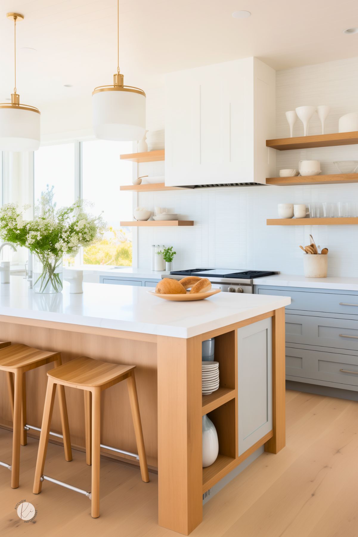 Contemporary coastal kitchen with light wood floors, pale gray lower cabinets, and a white quartz island with integrated open shelving. Wooden stools and floating shelves add warmth, while modern pendant lights and fresh greenery keep the space bright, clean, and breezy.