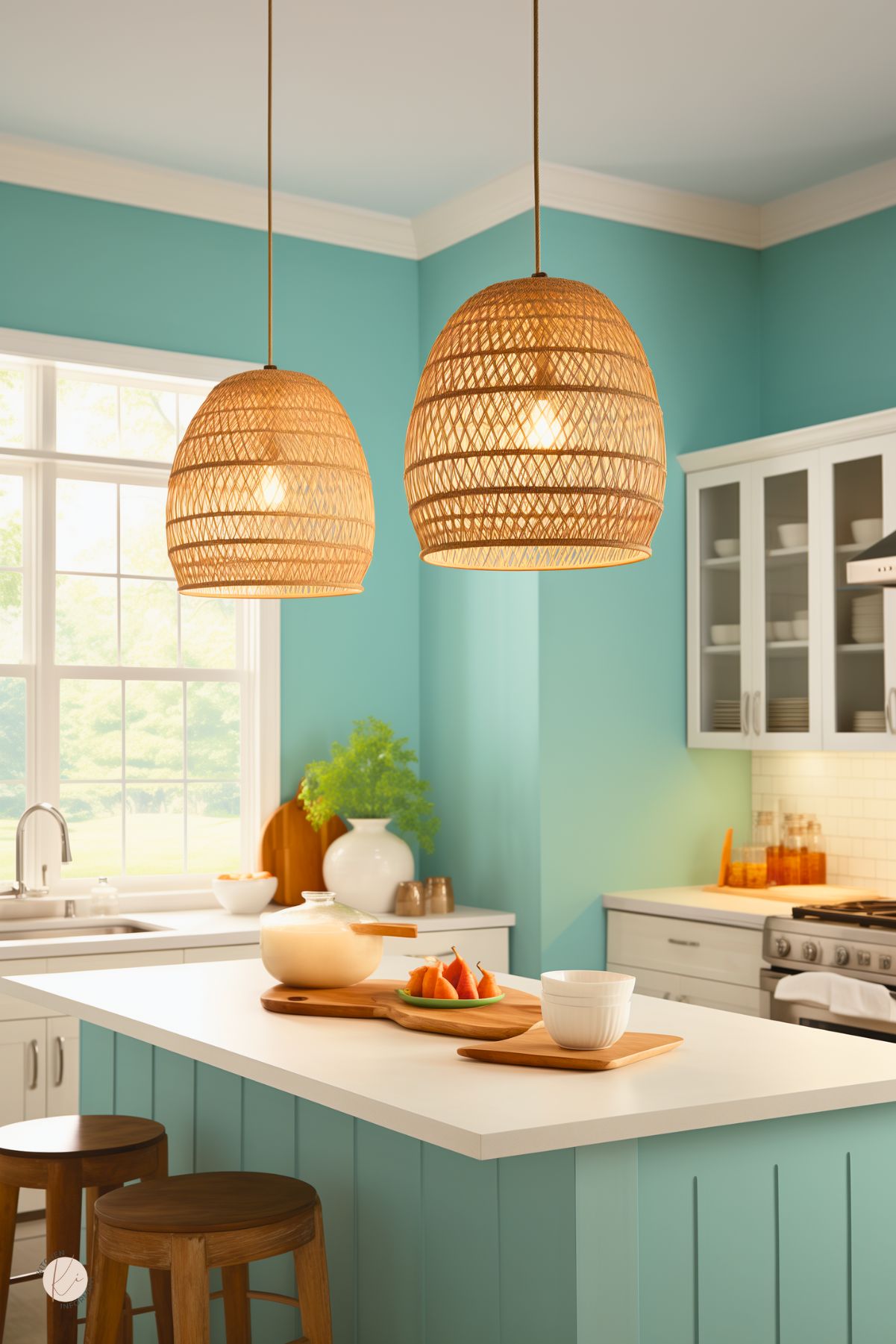 Bright beach kitchen with turquoise walls, white cabinetry, and natural wood accents. Woven pendant lights hang above a white island with light wood stools, while sunlit windows and coastal decor create a cheerful, breezy vibe perfect for a laid-back seaside home.