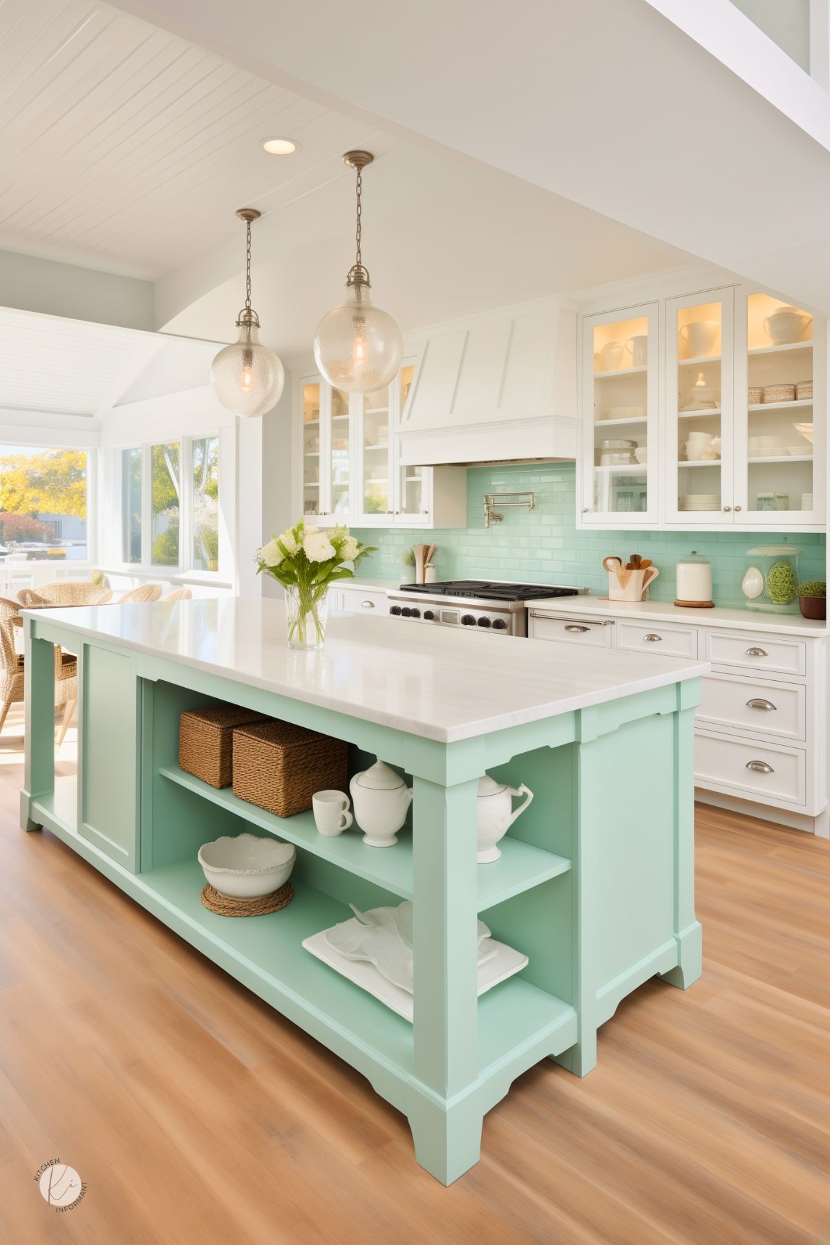 Fresh coastal kitchen with a mint green island, open shelving, and white marble countertops. Glossy seafoam backsplash tiles and glass-front cabinets add airy elegance, while wood floors and wicker accents bring in natural texture. Globe pendant lights and soft sunlight complete the beachy, welcoming atmosphere.