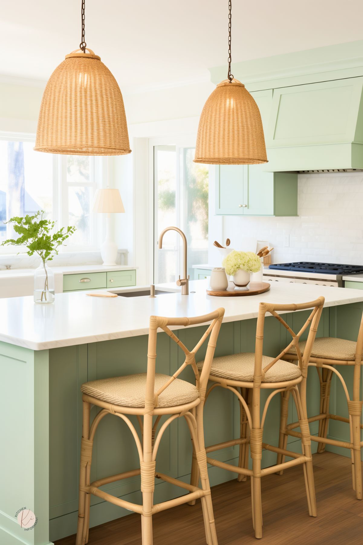 Fresh coastal kitchen with mint green cabinets, rattan bar stools, and woven pendant lights. A white quartz island anchors the space, while soft natural light, wood accents, and a vase of hydrangeas add charm. The breezy palette and laid-back textures create a relaxed beach house vibe.