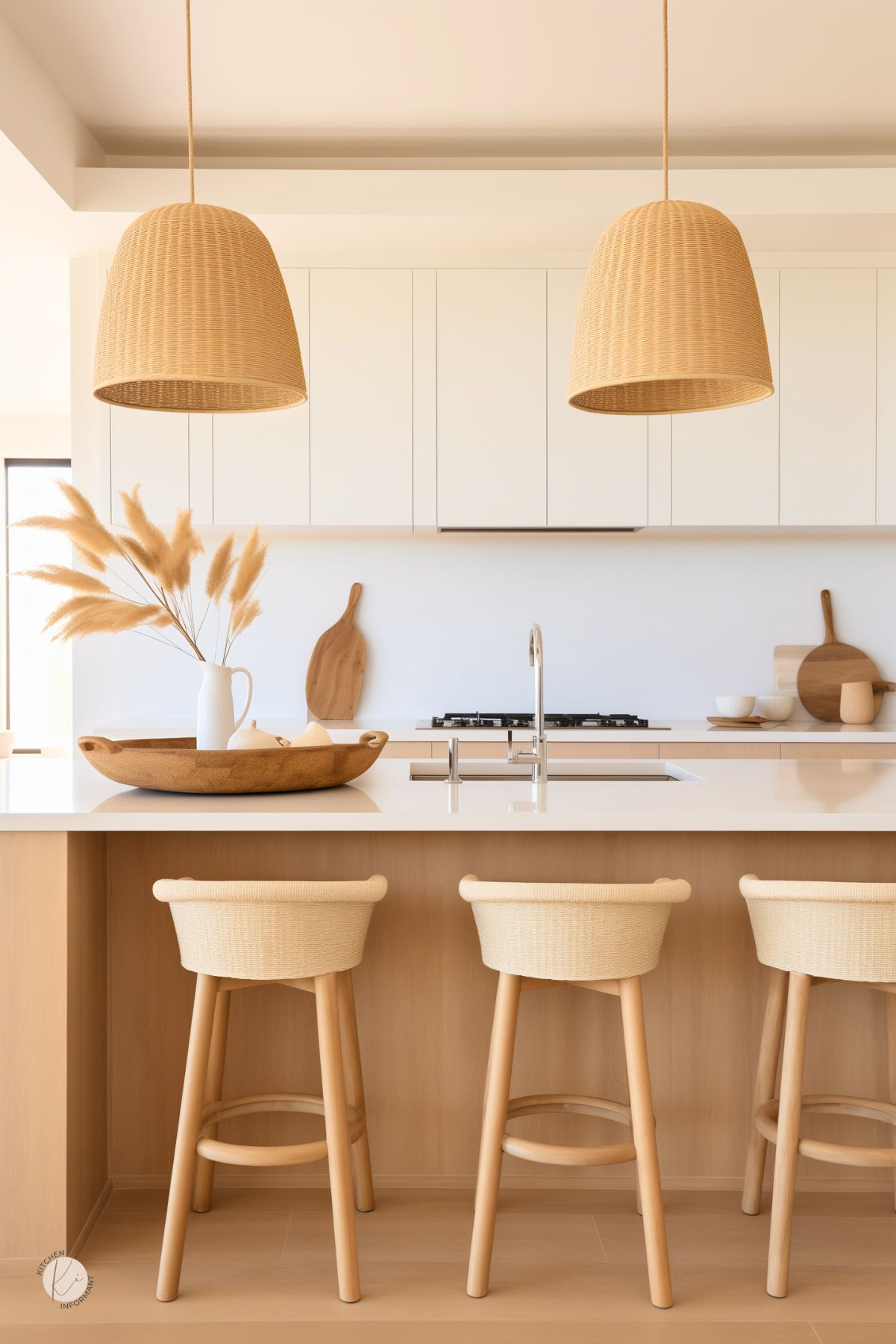 Minimalist coastal kitchen with light wood cabinetry, woven pendant lights, and natural textures throughout. A white island with soft beige bar stools and a tray of pampas grass adds an organic, beachy feel. Clean lines and warm tones create a serene, sunlit space perfect for a modern seaside home.