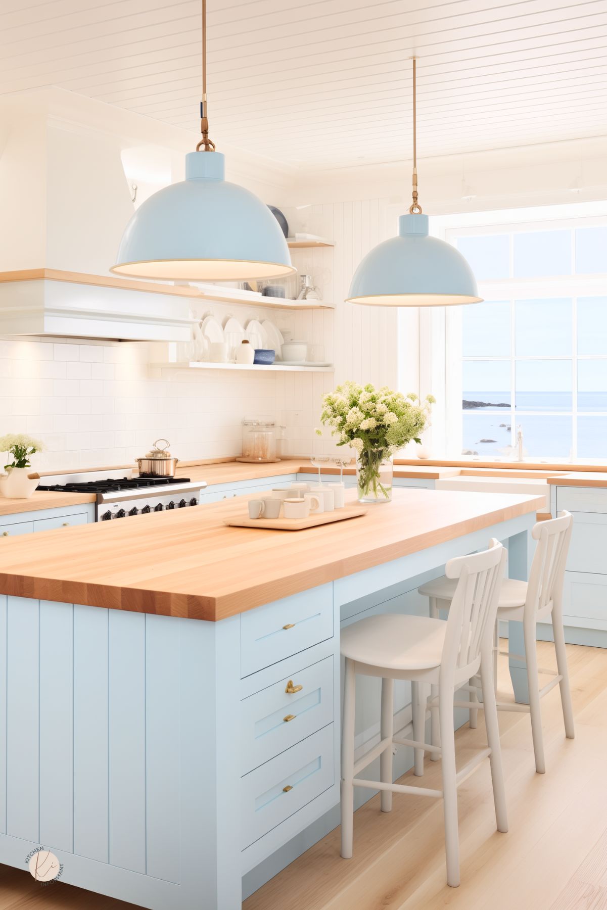 Light and airy coastal kitchen with pale blue cabinets, butcher block countertops, and white shiplap walls. Soft blue dome pendant lights hang above a spacious island with white stools. Open shelving displays simple dishware, while large windows offer a serene ocean view, enhancing the breezy beach house feel.