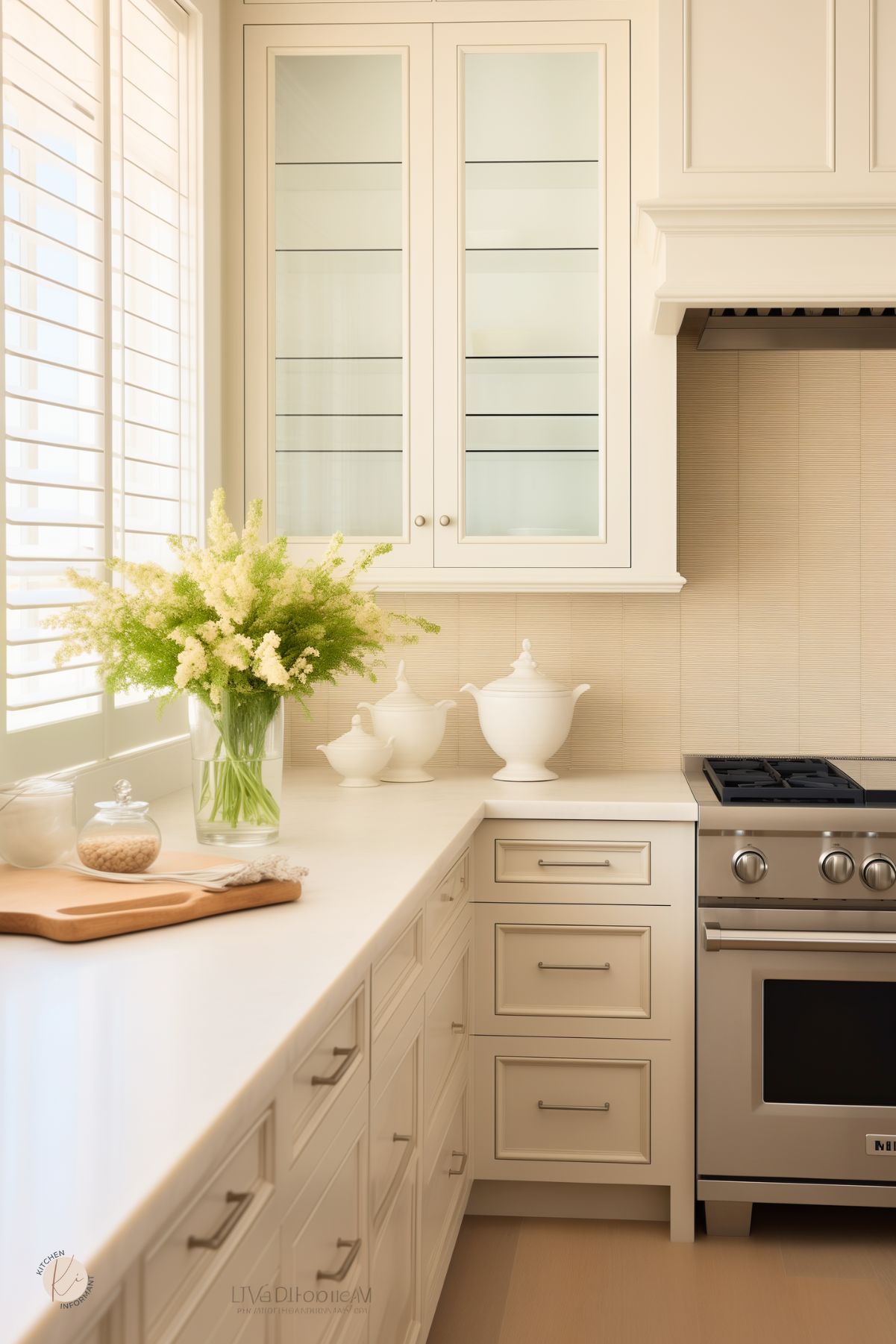 Elegant coastal kitchen with creamy white cabinetry, stainless steel appliances, and light wood flooring. Glass-front cabinets and soft vertical backsplash tiles add subtle texture, while a vase of white flowers and natural light create a serene, breezy atmosphere perfect for a beach-inspired space.