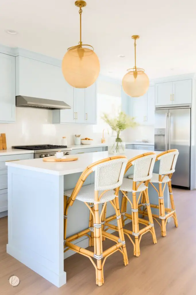 Modern coastal kitchen with pale blue cabinets, white countertops, and light wood flooring. Rattan bar stools with white woven seats line the island, while round pendant lights and brass hardware add warmth. A glass vase with airy greenery brings a fresh, beachy touch to the space.