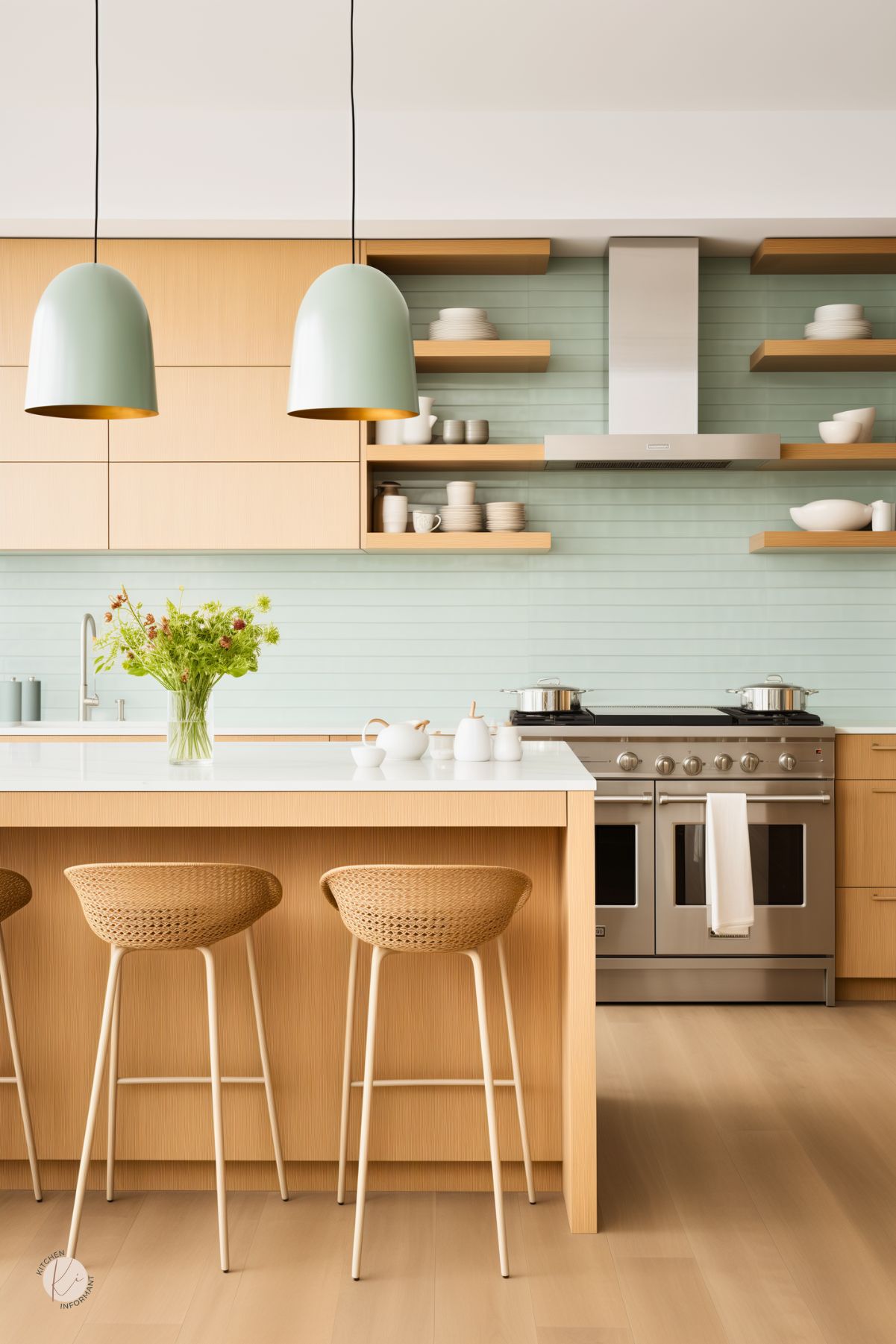 Modern beach-inspired kitchen with light wood cabinetry, mint green backsplash tiles, and open shelving displaying neutral dishware. Woven bar stools and soft green pendant lights add a coastal touch, while stainless steel appliances and a minimalist island complete the clean, airy aesthetic.