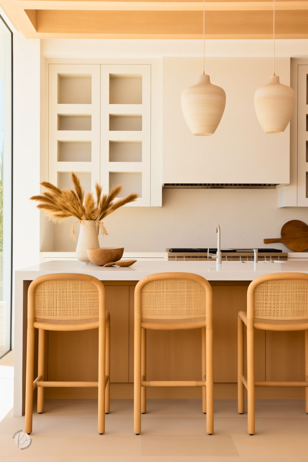 Minimalist beach kitchen with light wood tones, rattan bar stools, and a white island. Matte cream cabinetry and sculptural pendant lights add softness, while pampas grass and natural wood accents bring in earthy coastal charm. The overall look is warm, serene, and sun-soaked.