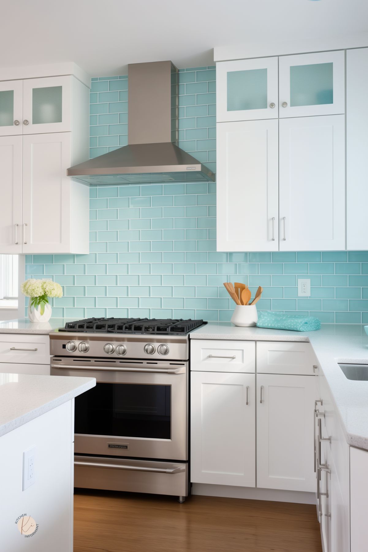 Bright and breezy coastal kitchen with glossy aqua subway tile backsplash, white shaker cabinets, and stainless steel appliances. Soft quartz countertops and light wood flooring enhance the airy feel, while subtle beachy accents like a vase of white hydrangeas complete the clean, seaside-inspired design.