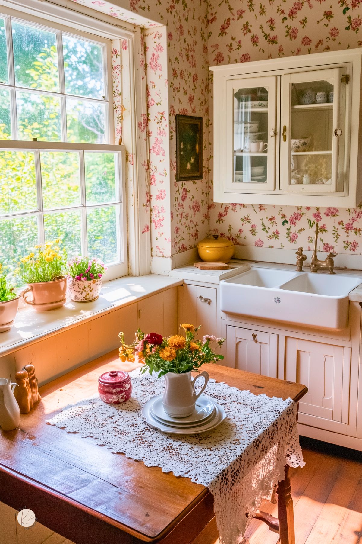 Cozy cottagecore kitchen with floral wallpaper, a farmhouse sink, and vintage white cabinets. A wooden table with a lace runner holds stacked white dishes and a pitcher of fresh flowers. Sunlight pours through the window onto potted plants lining the windowsill, creating a warm, nostalgic vibe.