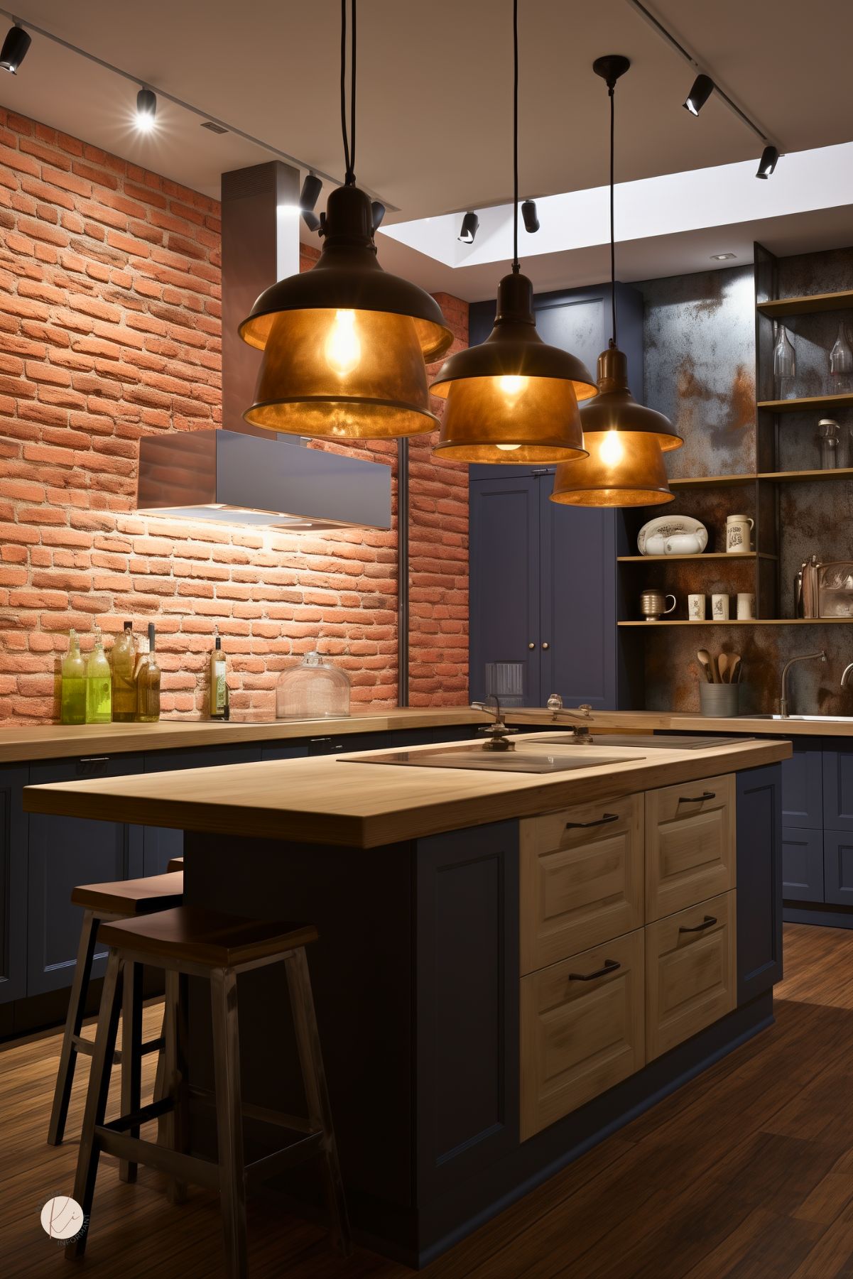 Industrial-style kitchen with red exposed brick walls, dark blue cabinetry, and a wood-topped island with natural wood drawer fronts. Large amber pendant lights hang above the island, adding a warm glow. A mix of rustic and modern elements includes metal shelving, vintage jars, and a sleek stainless steel range hood.