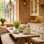 Charming English country kitchen with warm exposed brick walls, creamy inset cabinets, and a cozy breakfast nook. A rustic wood dining table with bench seating is set for tea, surrounded by plush pillows, fresh flowers, and greenery. Soft natural light filters through an arched window, creating an inviting and relaxed atmosphere.