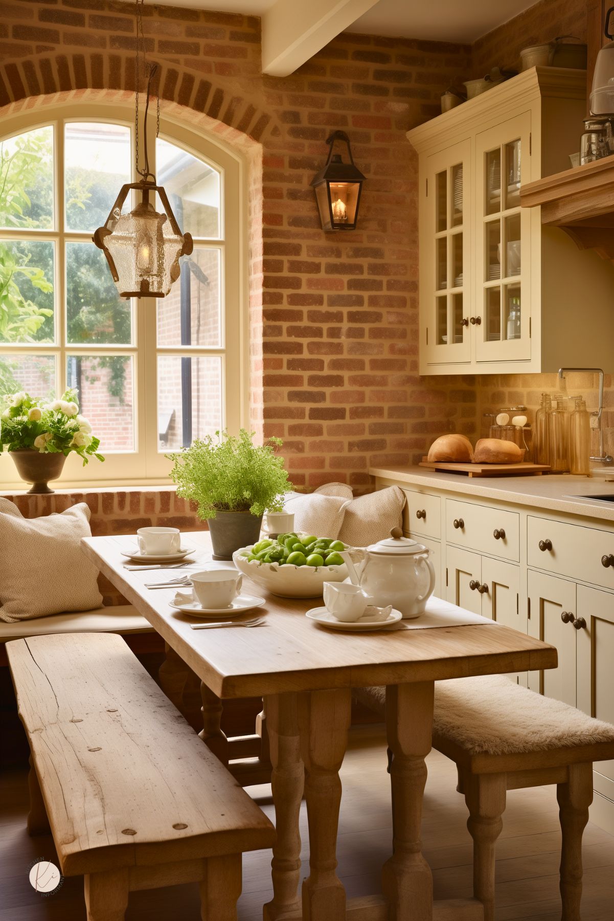 Charming English country kitchen with warm exposed brick walls, creamy inset cabinets, and a cozy breakfast nook. A rustic wood dining table with bench seating is set for tea, surrounded by plush pillows, fresh flowers, and greenery. Soft natural light filters through an arched window, creating an inviting and relaxed atmosphere.