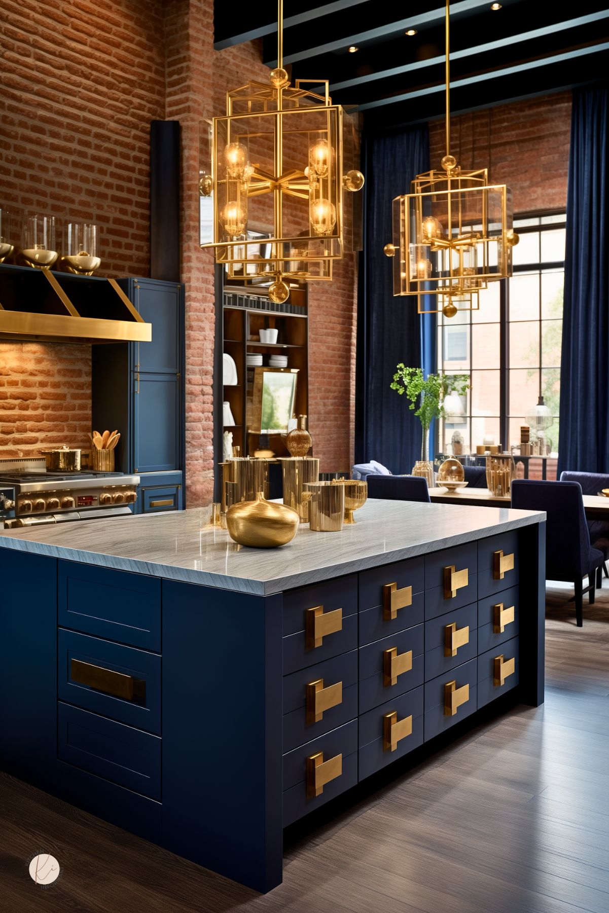 Luxurious kitchen with red exposed brick walls, deep navy blue cabinetry, and bold gold hardware. A large island with dramatic geometric gold pulls is topped with light stone. Oversized modern gold chandeliers add glamour, while floor-to-ceiling windows and navy curtains complete the upscale, dramatic design.
