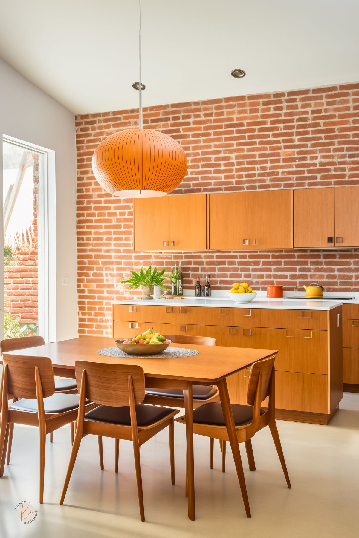 Mid-century modern kitchen with exposed red brick walls and sleek, flat-front wood cabinetry. A matching wood dining table and chairs sit beneath a bold orange pendant light. White countertops and minimalist decor create a clean, retro-inspired space filled with natural light.