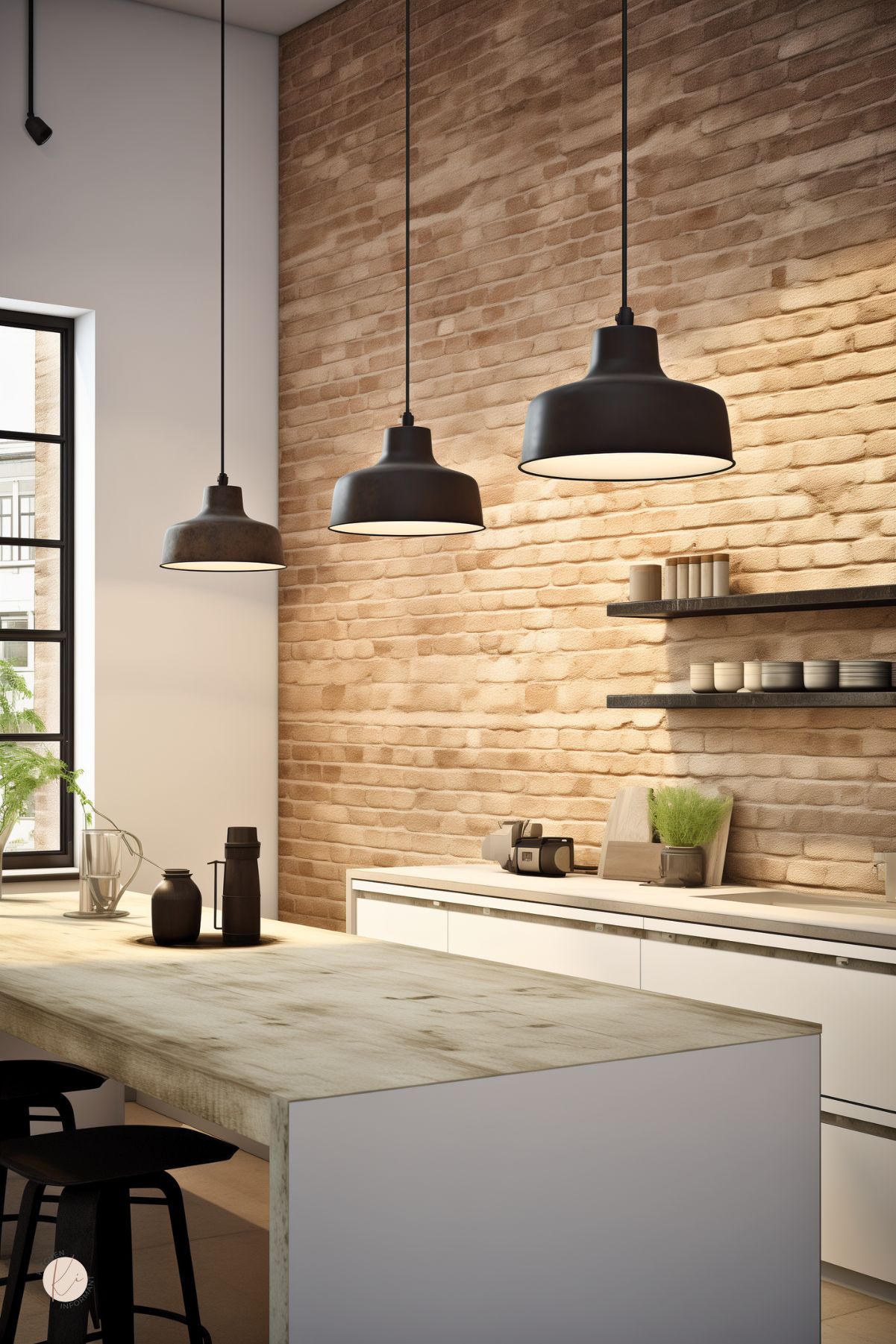 Modern minimalist kitchen with light exposed brick walls, sleek white cabinetry, and a pale wood island. Three matte black pendant lights hang above the island, and floating black shelves display neutral-toned dishes. Large window adds natural light, creating a clean and airy feel.