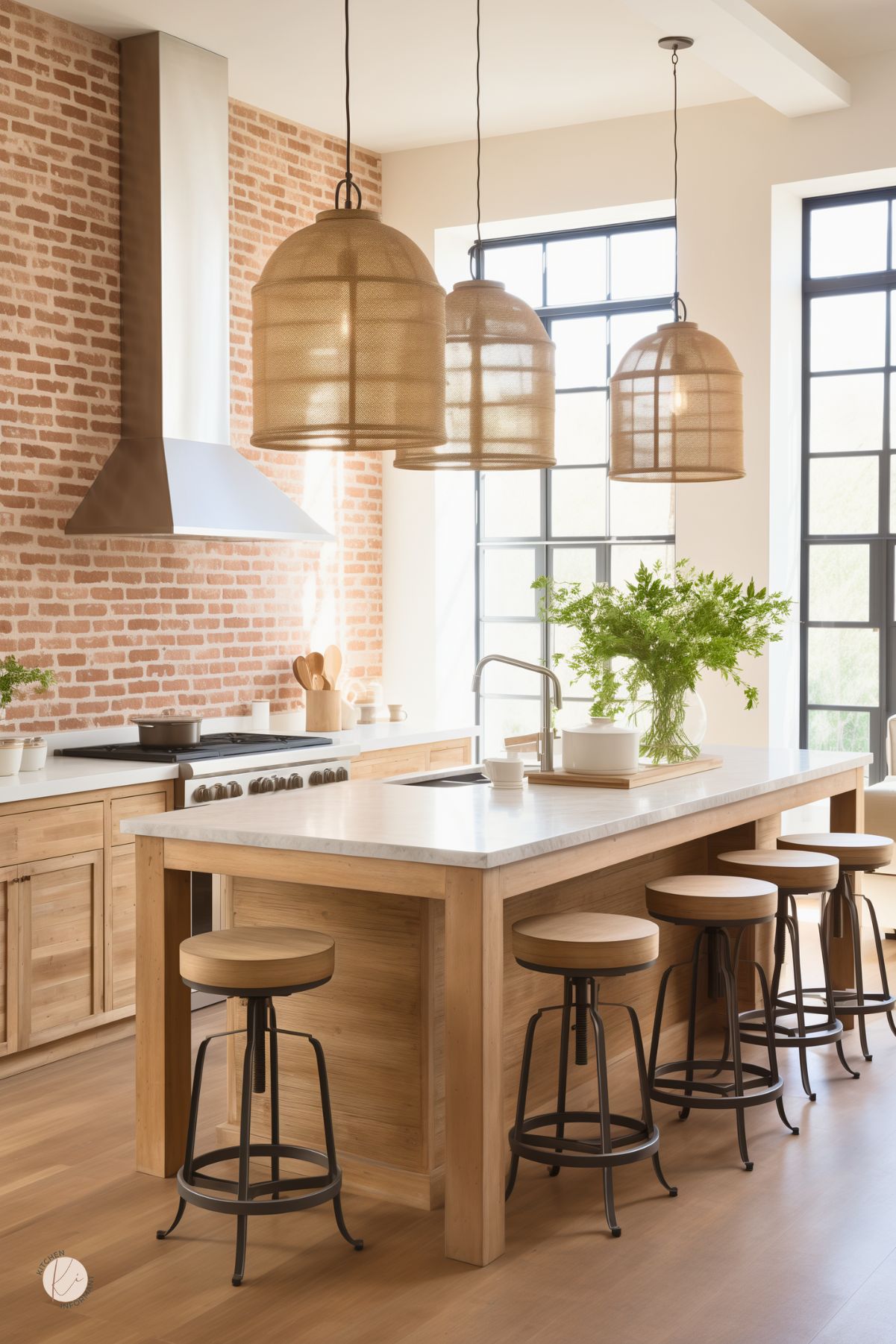 Bright and airy kitchen with red exposed brick walls, natural wood cabinetry, and a large island topped with white stone. Black metal bar stools line the island, while oversized woven pendant lights add texture and warmth. Floor-to-ceiling windows with black frames bring in natural light, complementing the fresh greenery on the counter.