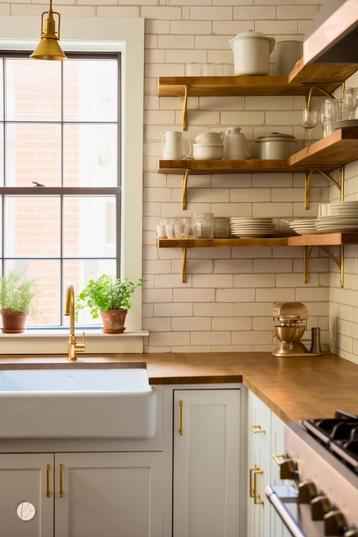 Light and airy kitchen with pale whitewashed brick walls, wood countertops, and soft gray shaker cabinets accented by brass hardware. Open wood shelves with brass brackets display neutral-toned dishes and glassware. A farmhouse sink sits below a window with potted herbs, and a brass faucet adds a warm touch.