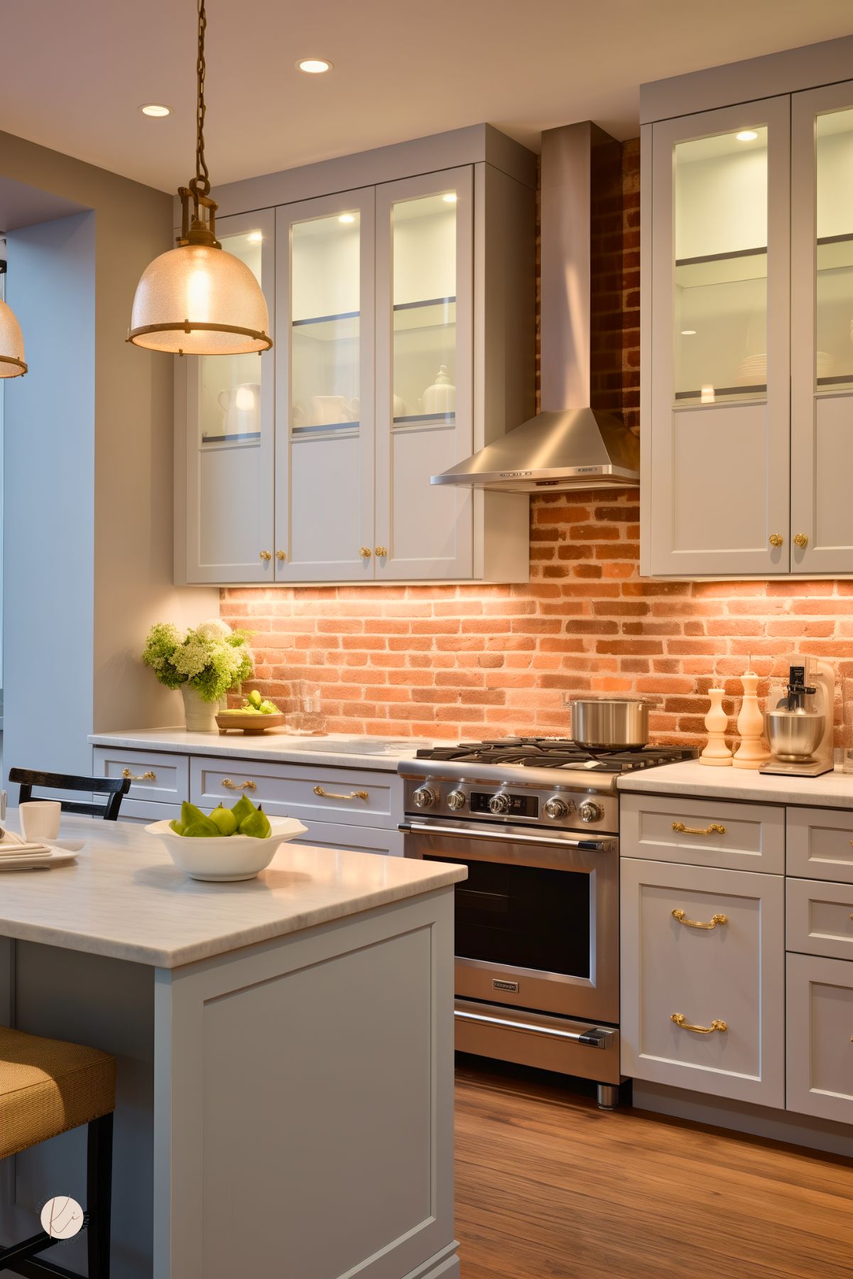 Transitional kitchen with warm exposed brick backsplash, light gray shaker cabinets, and polished brass hardware. Glass-front upper cabinets and under-cabinet lighting add a soft glow. A stainless steel range with matching hood is centered between cabinetry, while marble countertops and pendant lighting bring classic sophistication.