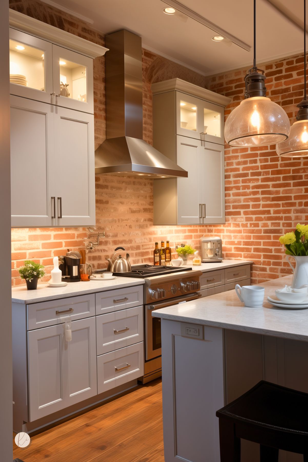 Cozy kitchen with exposed red brick walls, soft gray shaker cabinets, and a stainless steel range with matching hood. Warm under-cabinet lighting highlights marble countertops and simple decor. Globe pendant lights and natural wood flooring add warmth and charm to the inviting space.