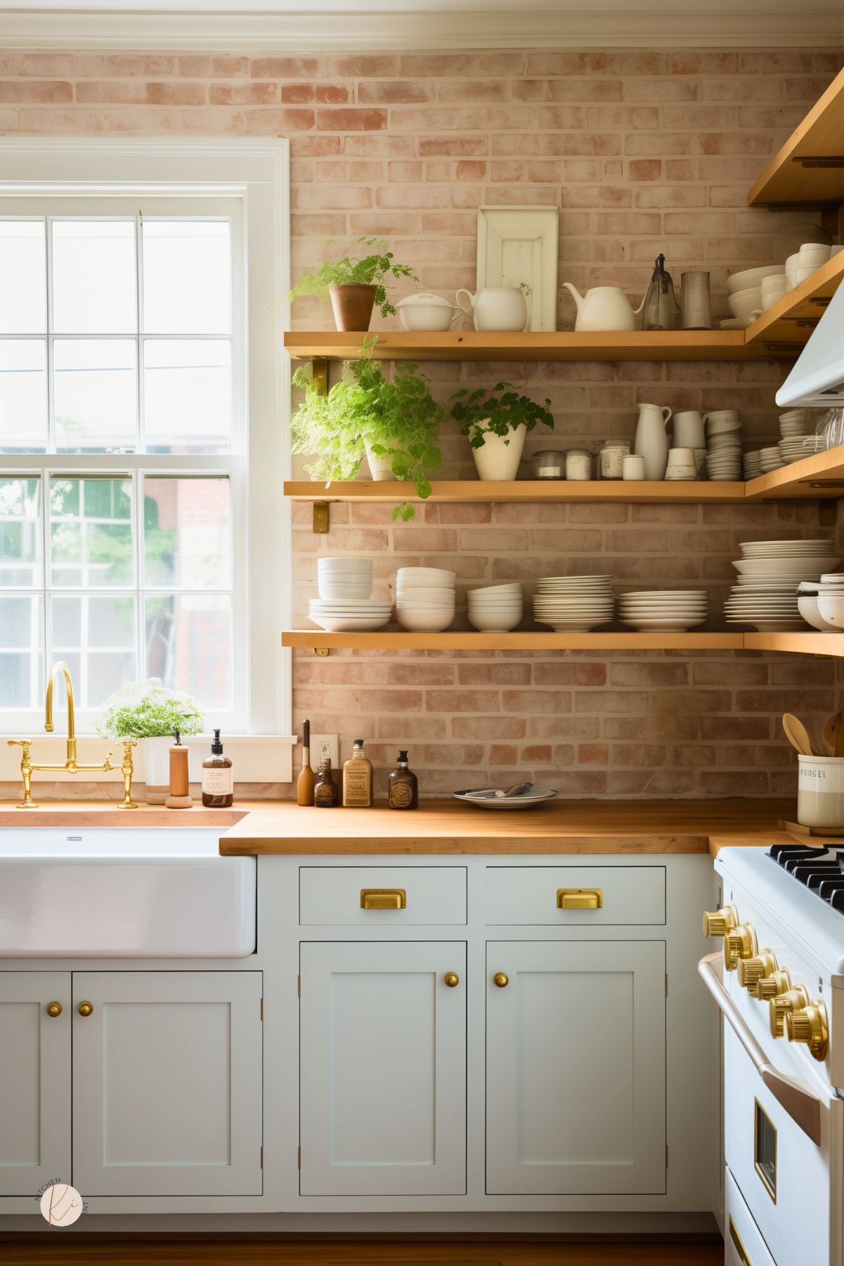 Bright farmhouse kitchen with soft red exposed brick walls, light gray cabinets, and butcher block countertops. Open wood shelves hold white dishes, pitchers, and greenery. A farmhouse sink with a brass faucet sits below a large window, bringing in natural light and charm.