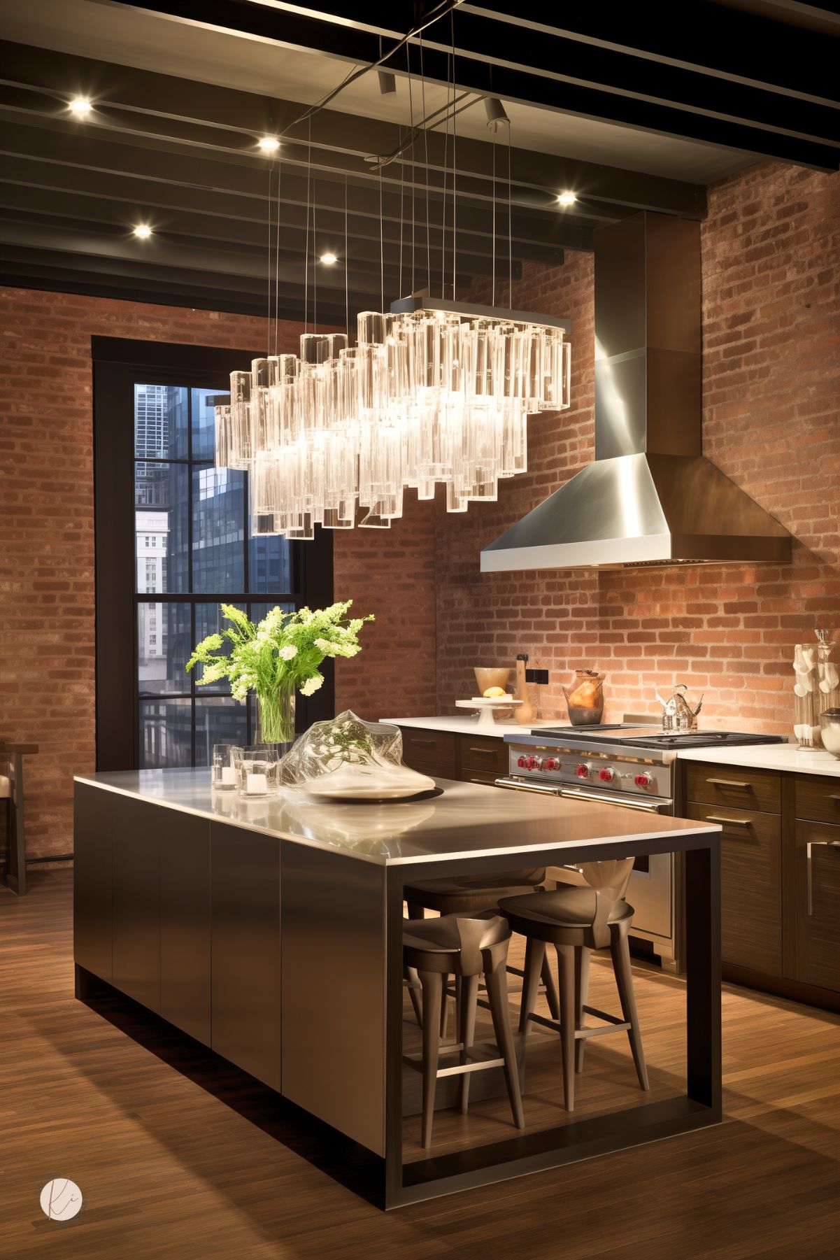 Modern loft kitchen with rich red exposed brick walls, sleek wood cabinetry, and a stainless steel island. A large glass pendant chandelier adds dramatic elegance, while the open black-beamed ceiling and city-view window enhance the industrial-chic aesthetic. Pops of greenery and minimalist decor complete the upscale, urban look.